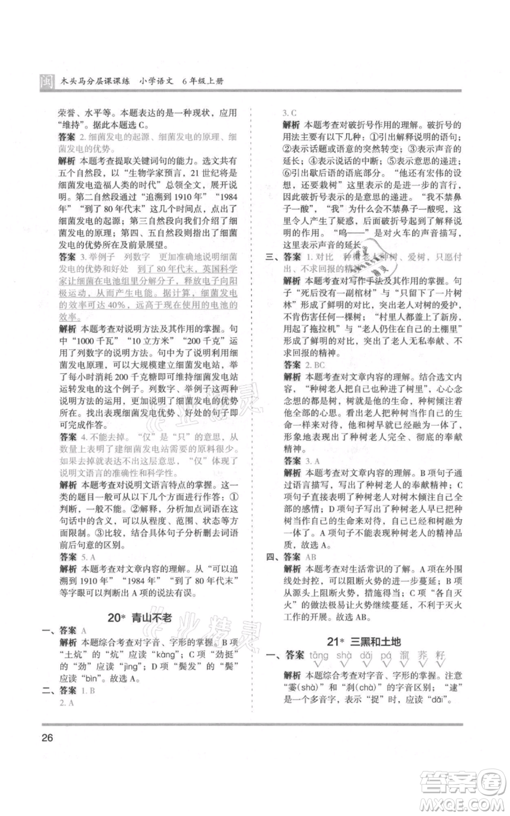 鷺江出版社2021木頭馬分層課課練六年級(jí)上冊(cè)語文部編版福建專版參考答案