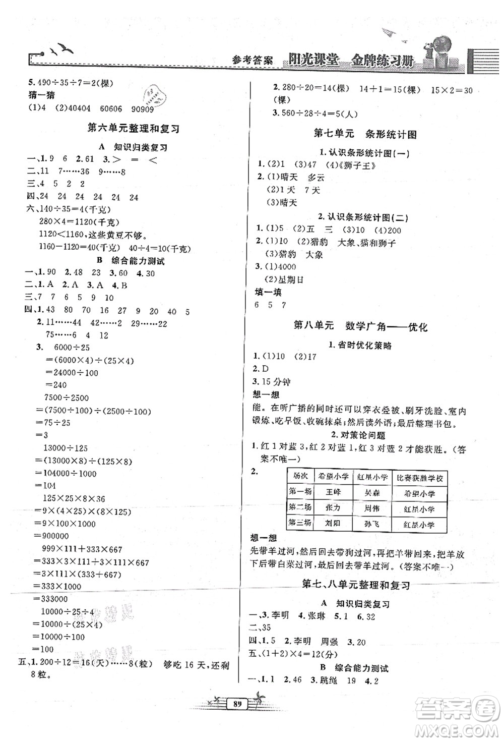 人民教育出版社2021陽光課堂金牌練習(xí)冊四年級數(shù)學(xué)上冊人教版答案