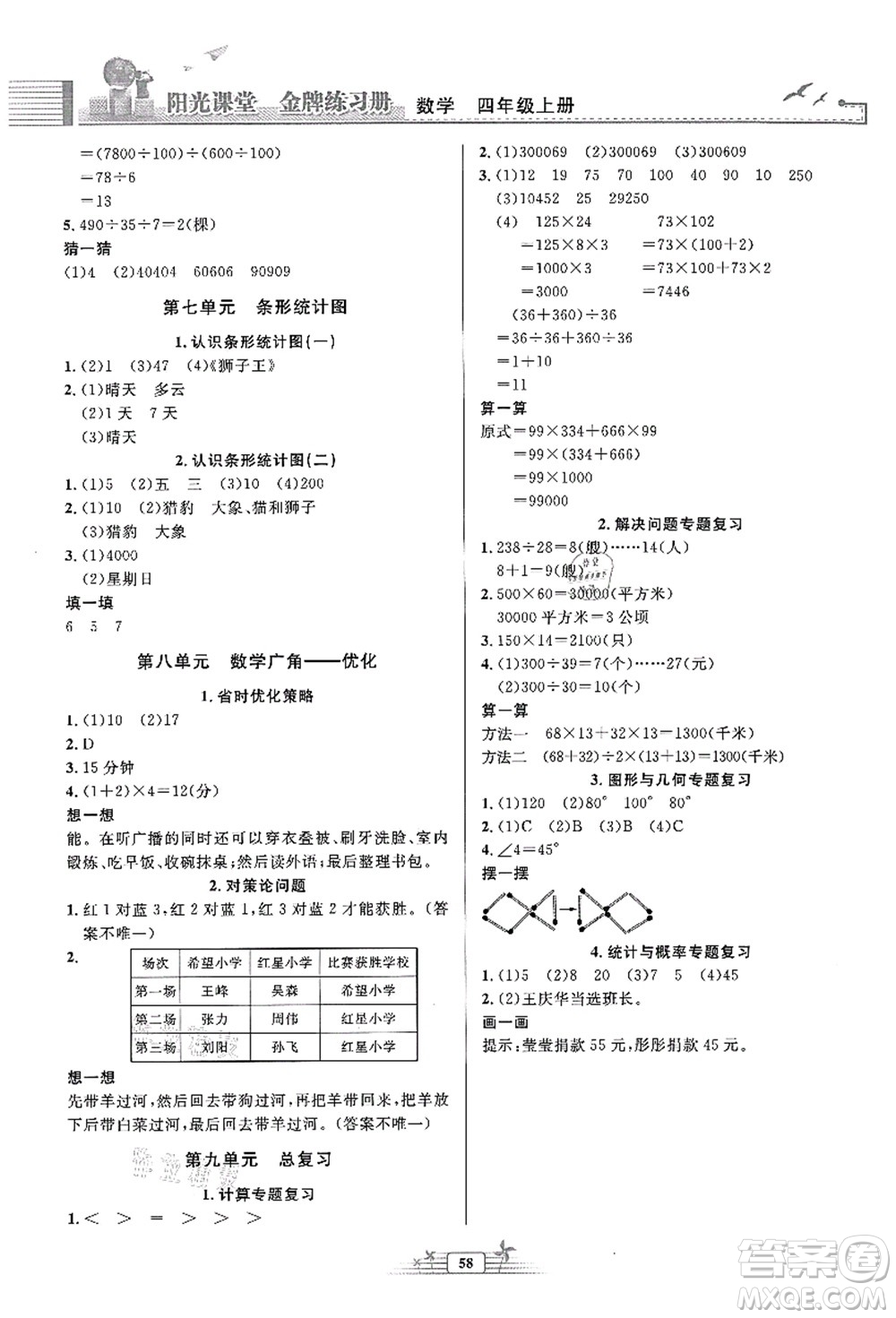 人民教育出版社2021陽光課堂金牌練習(xí)冊四年級數(shù)學(xué)上冊人教版福建專版答案