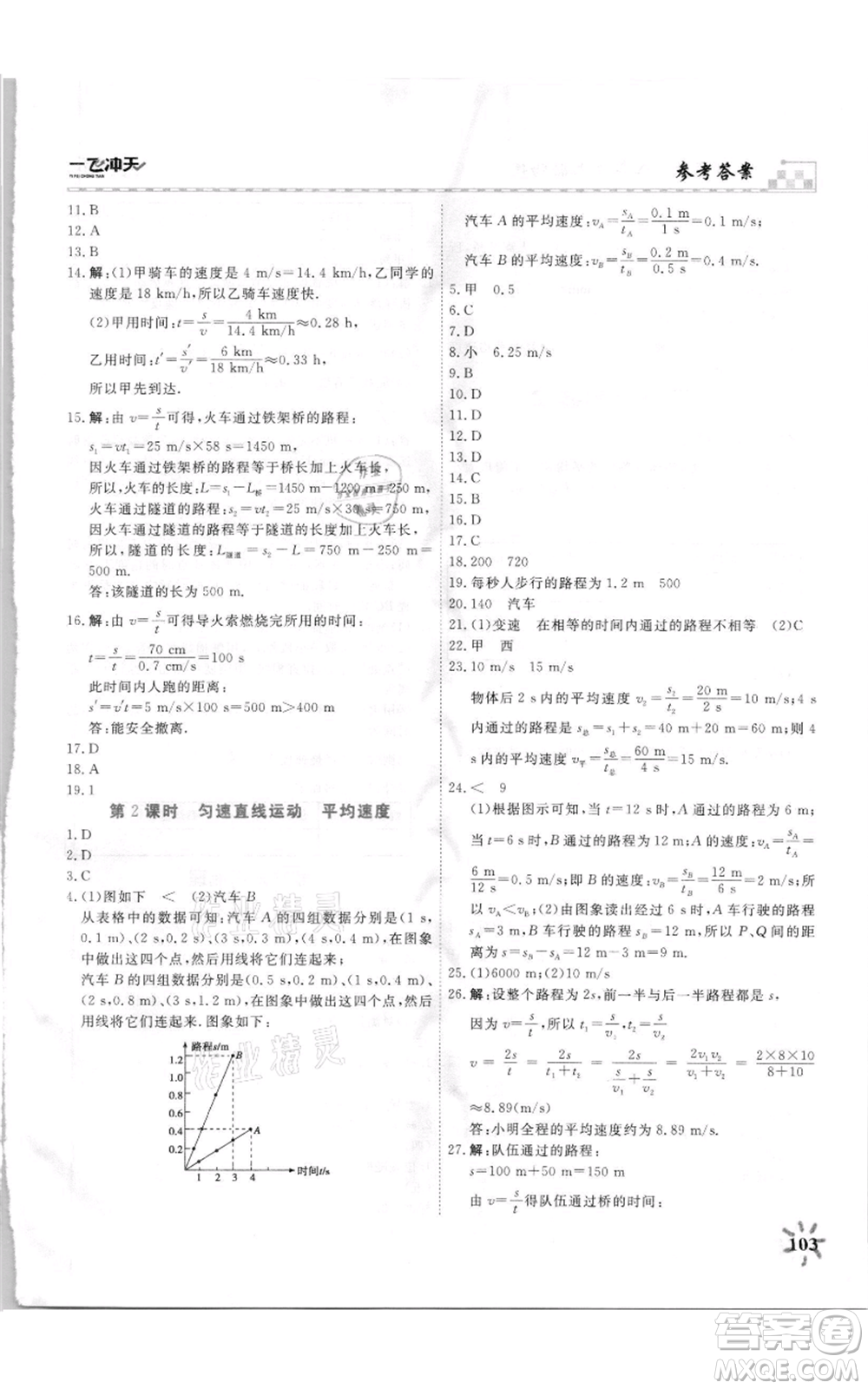 天津人民出版社2021一飛沖天課時(shí)作業(yè)八年級(jí)上冊(cè)物理人教版參考答案