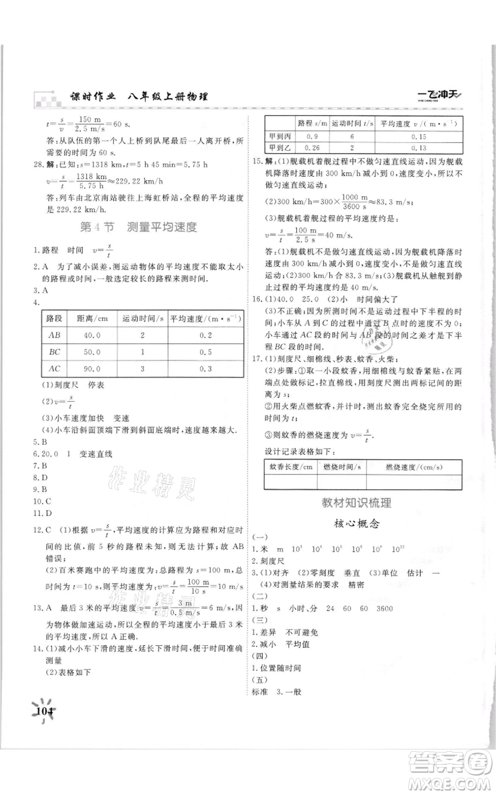 天津人民出版社2021一飛沖天課時(shí)作業(yè)八年級(jí)上冊(cè)物理人教版參考答案