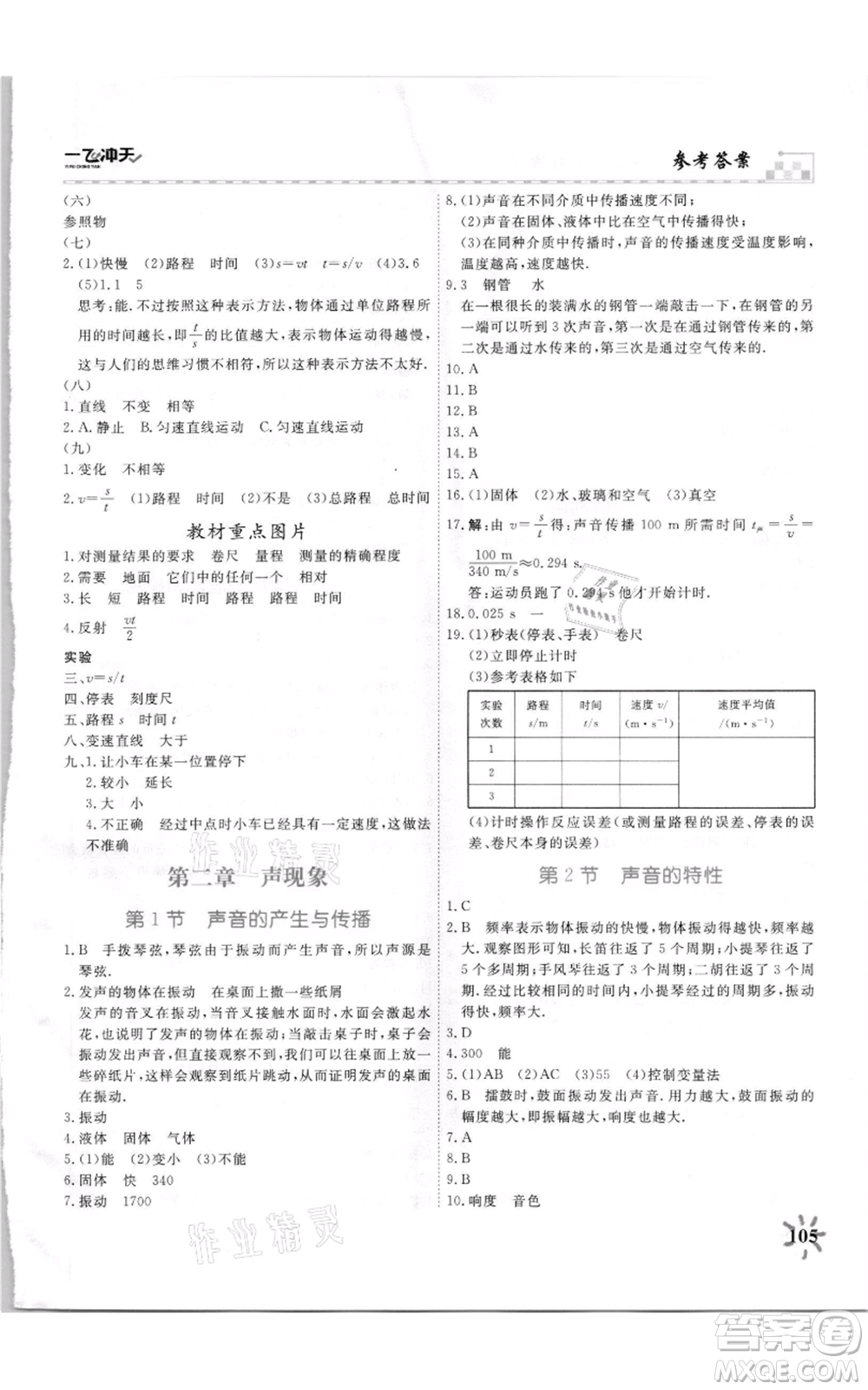 天津人民出版社2021一飛沖天課時(shí)作業(yè)八年級(jí)上冊(cè)物理人教版參考答案