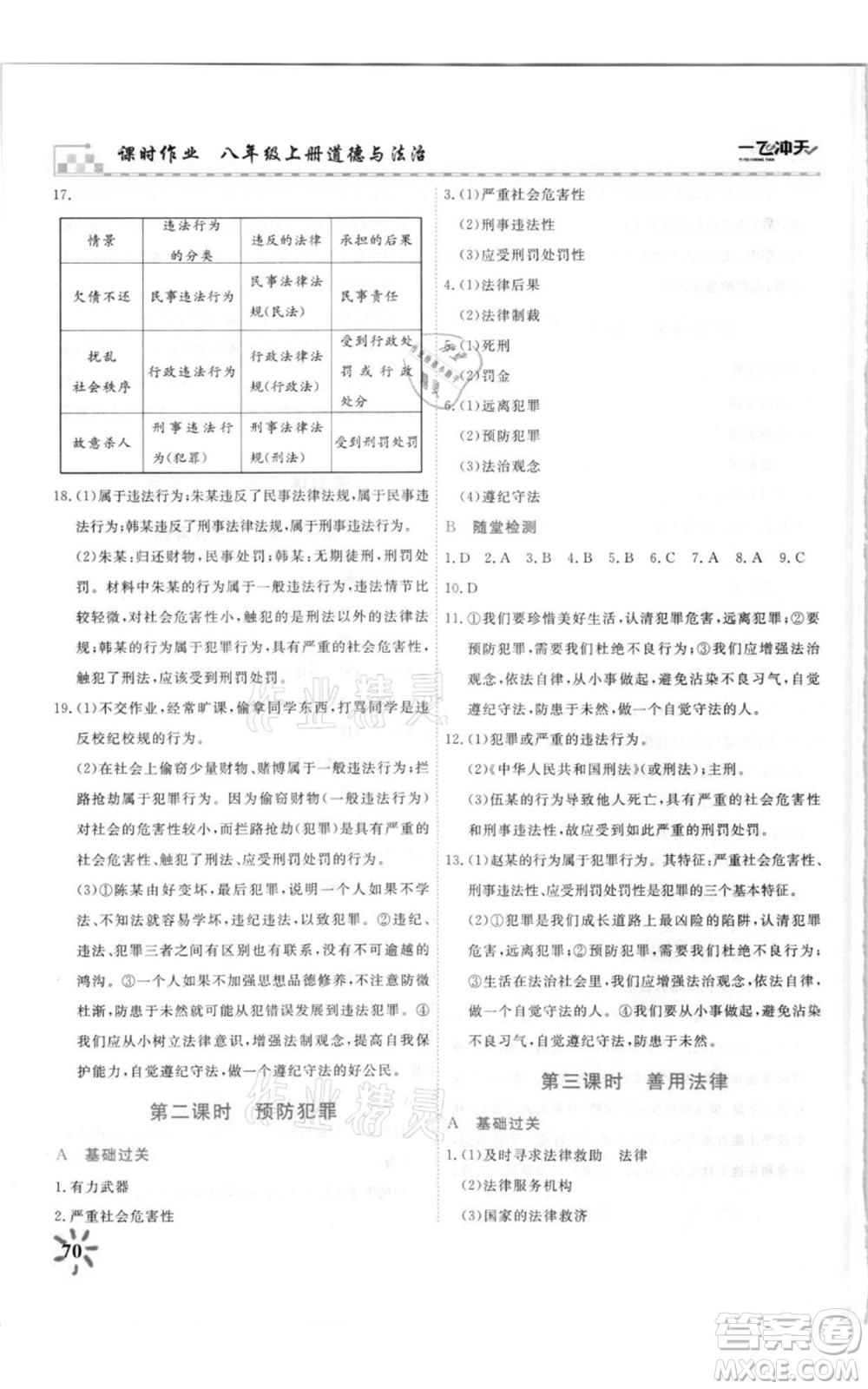 天津人民出版社2021一飛沖天課時作業(yè)八年級上冊道德與法治人教版參考答案