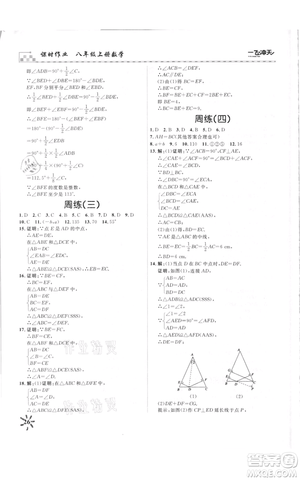 天津人民出版社2021一飛沖天課時(shí)作業(yè)八年級上冊數(shù)學(xué)人教版參考答案