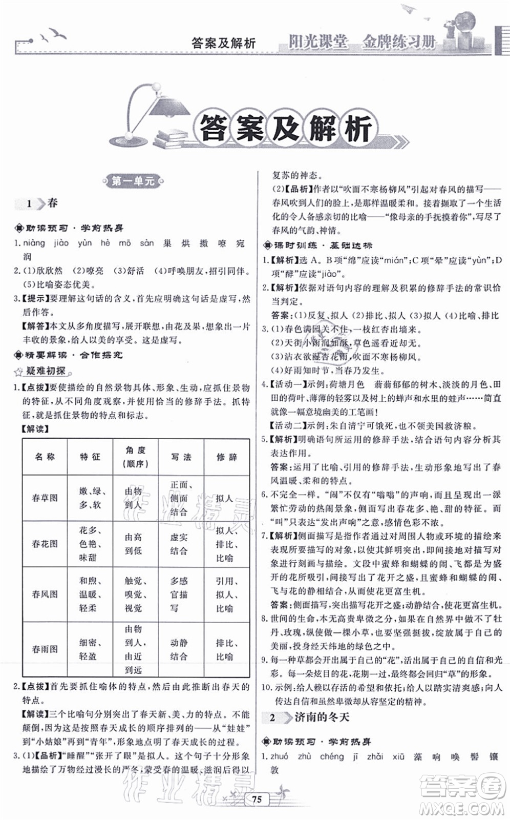 人民教育出版社2021陽光課堂金牌練習(xí)冊(cè)七年級(jí)語文上冊(cè)人教版福建專版答案