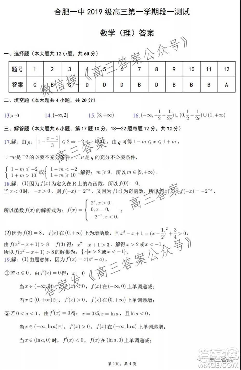 合肥一中2019級高三第一學(xué)期段一測試理科數(shù)學(xué)試題及答案