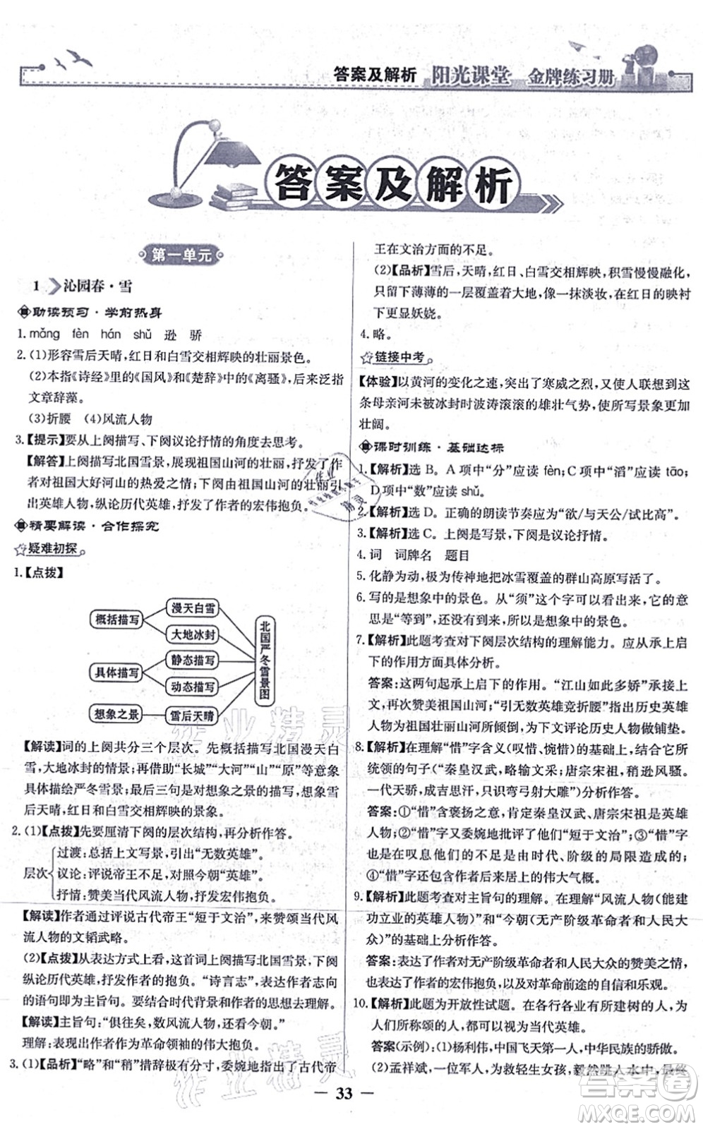 人民教育出版社2021陽光課堂金牌練習(xí)冊(cè)九年級(jí)語文上冊(cè)人教版答案