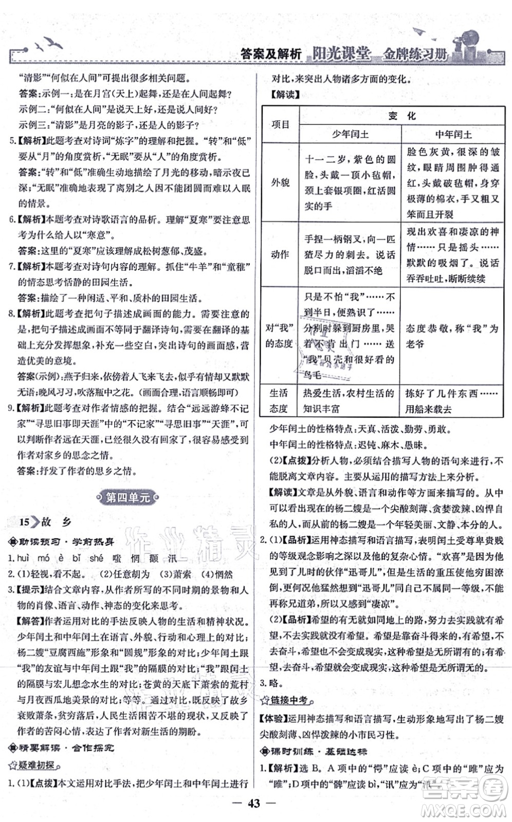 人民教育出版社2021陽光課堂金牌練習(xí)冊(cè)九年級(jí)語文上冊(cè)人教版答案