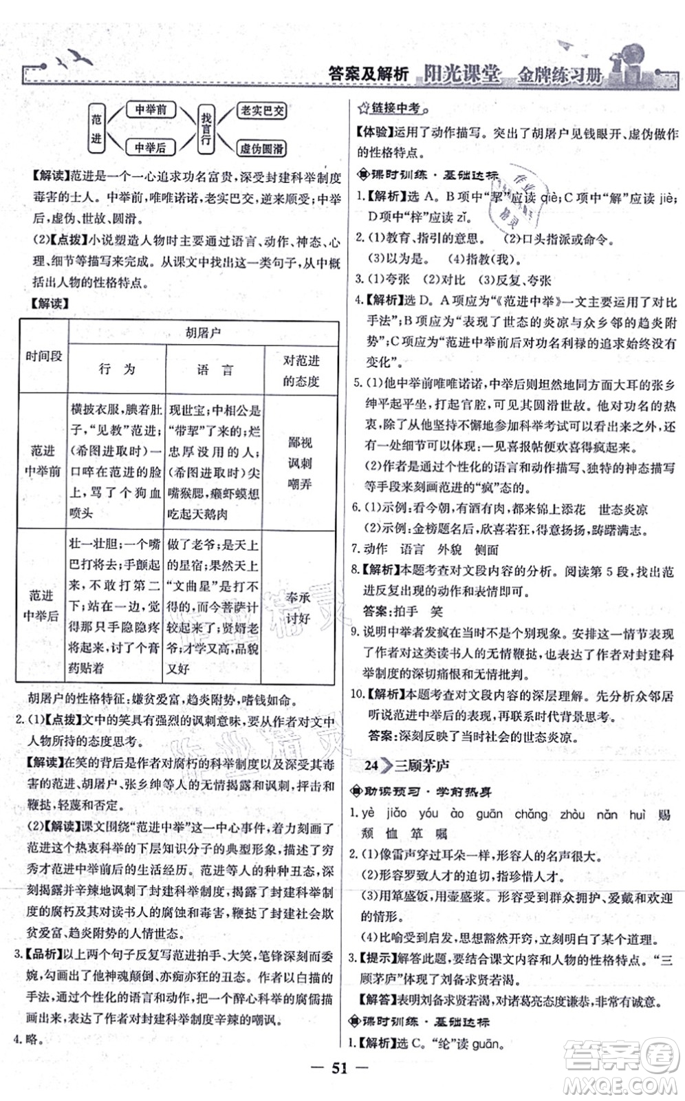 人民教育出版社2021陽光課堂金牌練習(xí)冊(cè)九年級(jí)語文上冊(cè)人教版答案