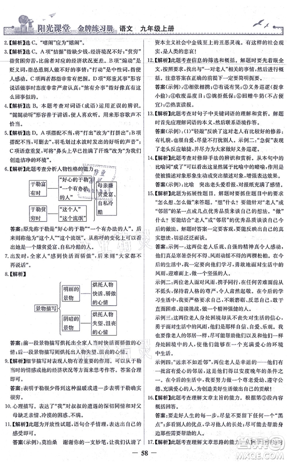 人民教育出版社2021陽光課堂金牌練習(xí)冊(cè)九年級(jí)語文上冊(cè)人教版答案