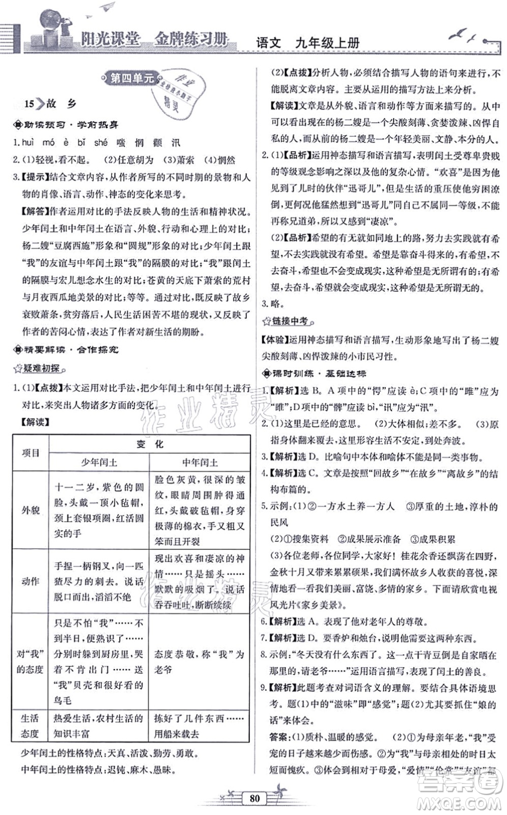 人民教育出版社2021陽(yáng)光課堂金牌練習(xí)冊(cè)九年級(jí)語(yǔ)文上冊(cè)人教版福建專(zhuān)版答案