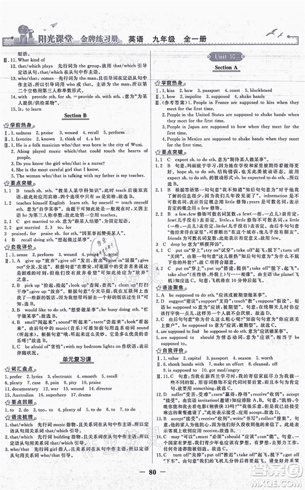 人民教育出版社2021陽(yáng)光課堂金牌練習(xí)冊(cè)九年級(jí)英語(yǔ)全一冊(cè)人教版答案