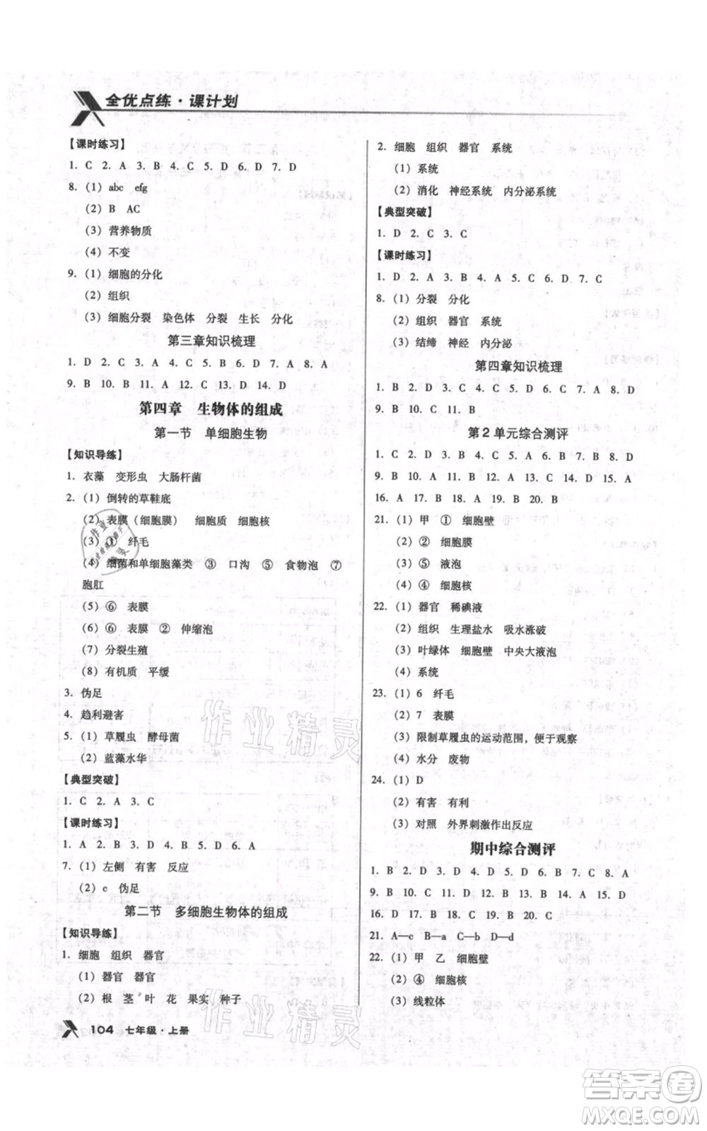 遼海出版社2021全優(yōu)點練課計劃七年級上冊生物蘇教版參考答案