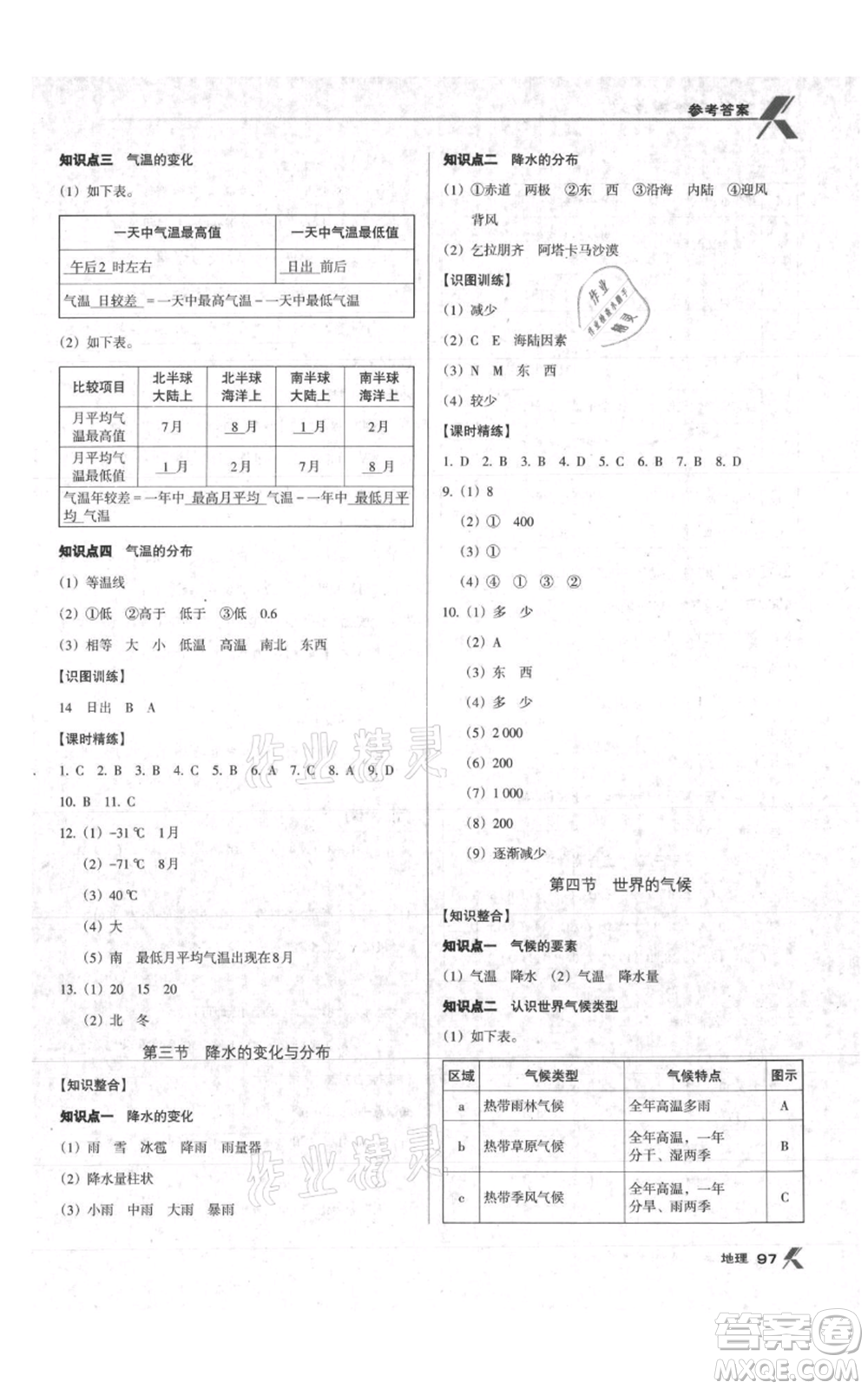 中國地圖出版社2021全優(yōu)點練課計劃七年級上冊地理人教版參考答案