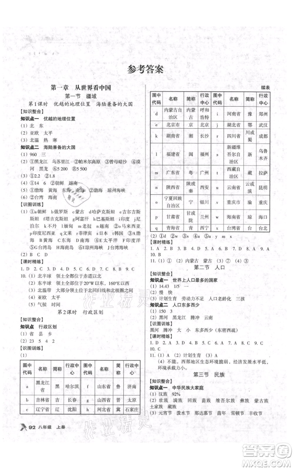 中國地圖出版社2021全優(yōu)點(diǎn)練課計(jì)劃八年級(jí)上冊(cè)地理人教版參考答案