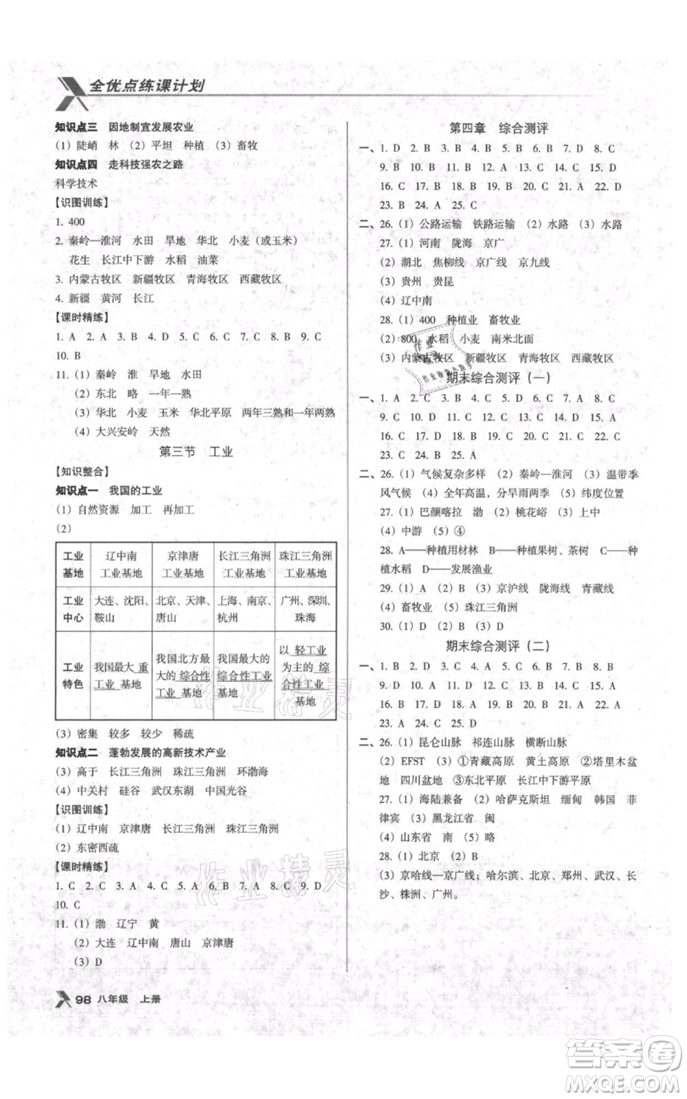 中國地圖出版社2021全優(yōu)點(diǎn)練課計(jì)劃八年級(jí)上冊(cè)地理人教版參考答案