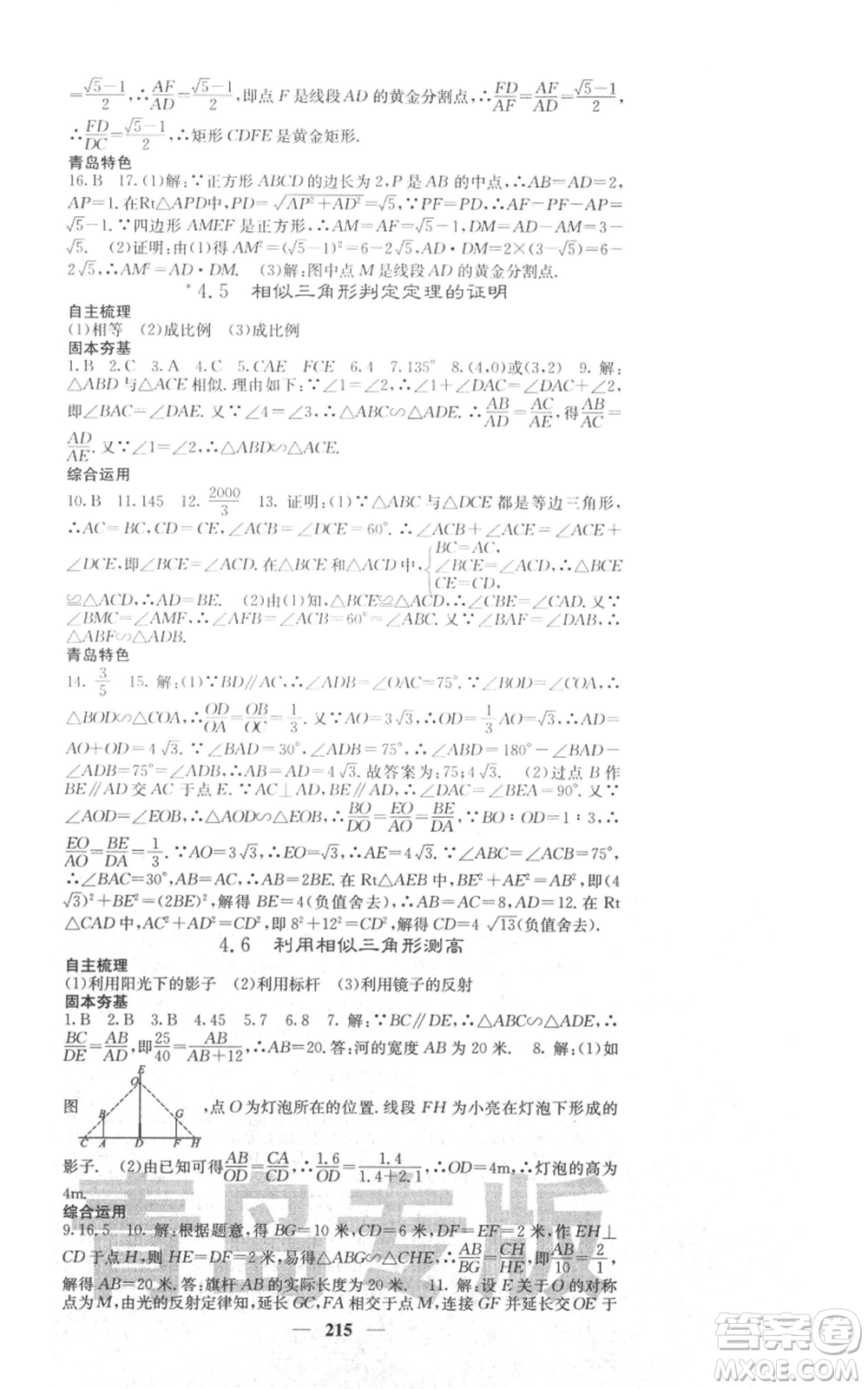 四川大學出版社2021名校課堂內(nèi)外九年級上冊數(shù)學北師大版青島專版參考答案