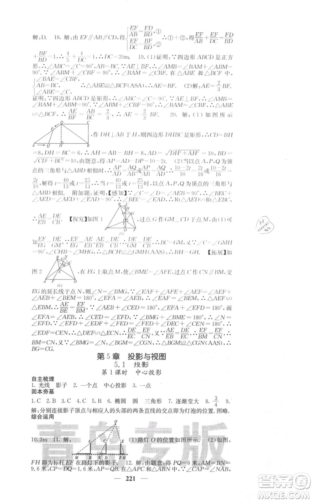 四川大學出版社2021名校課堂內(nèi)外九年級上冊數(shù)學北師大版青島專版參考答案