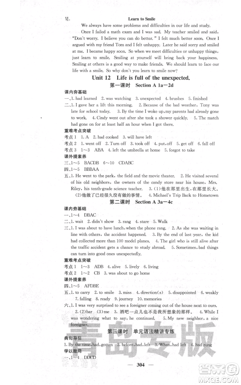 沈陽出版社2021名校課堂內(nèi)外九年級英語人教版青島專版參考答案