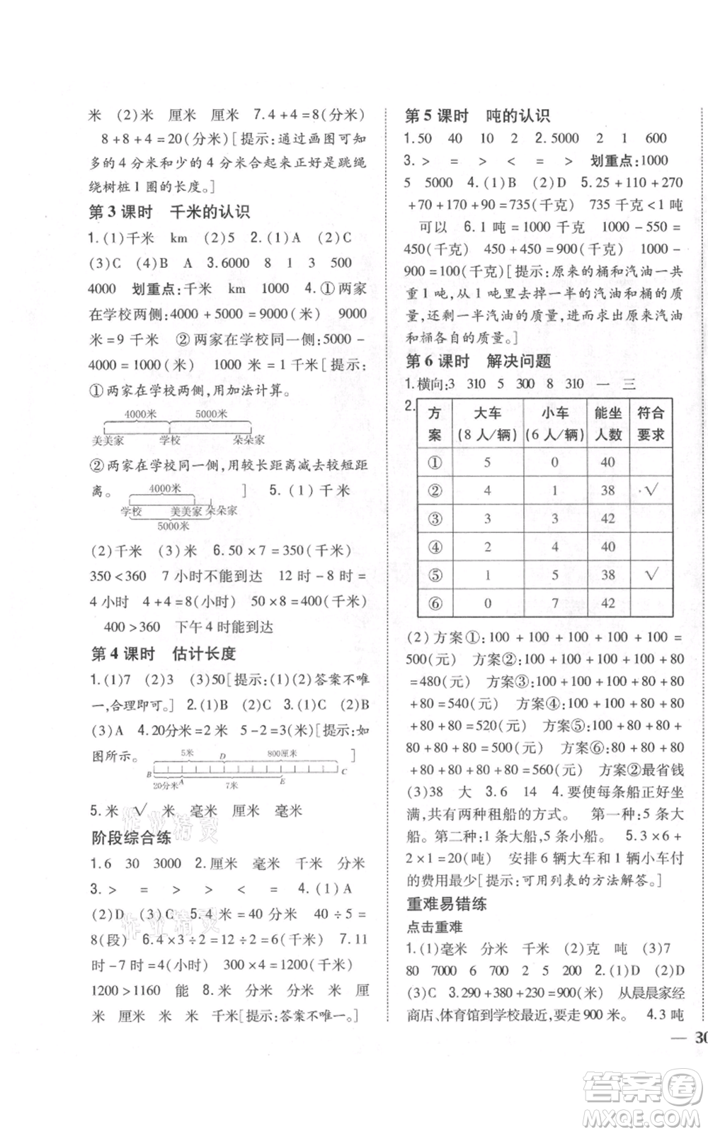 吉林人民出版社2021全科王同步課時練習(xí)校本作業(yè)三年級上冊數(shù)學(xué)人教版福建專版參考答案