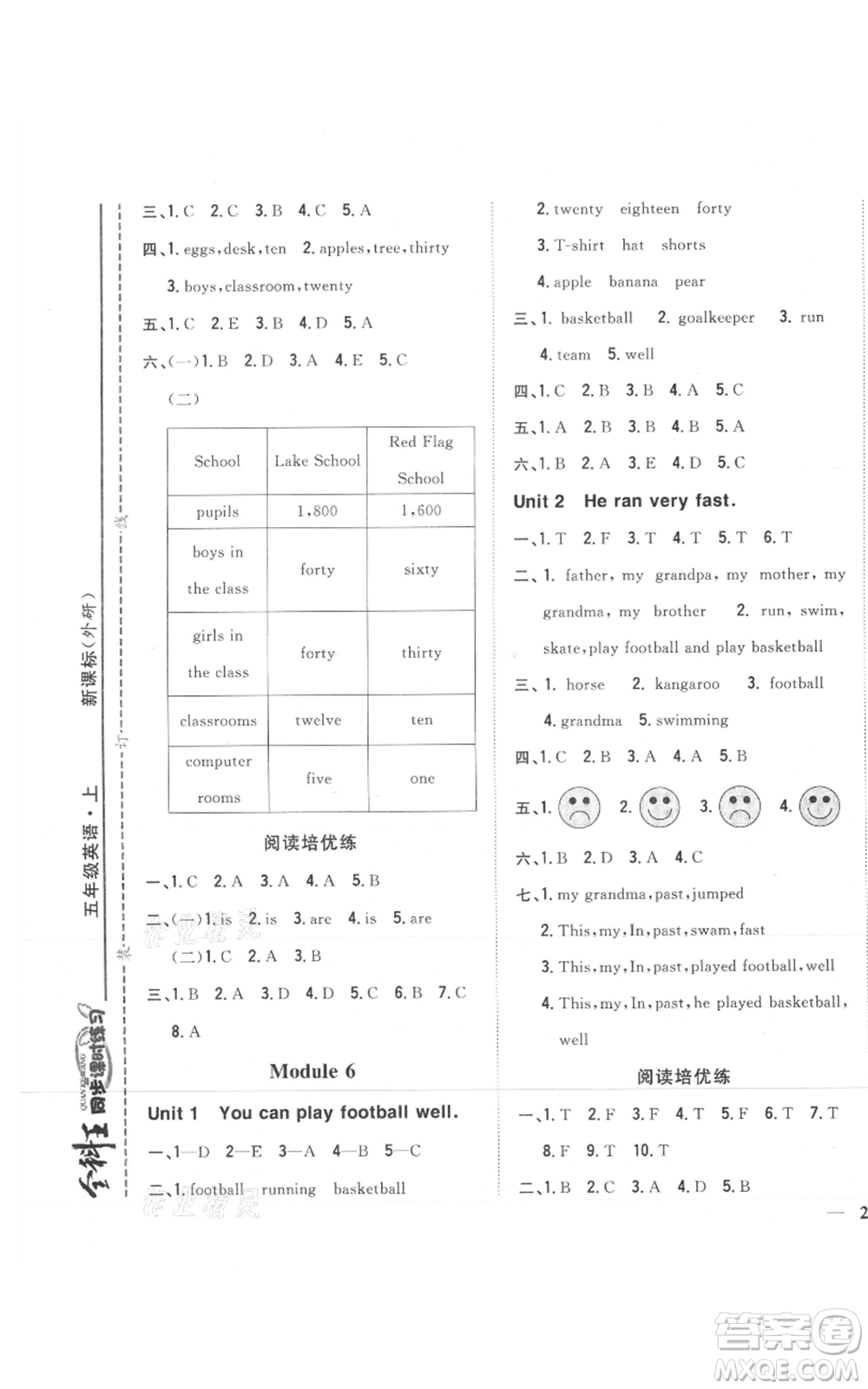 吉林人民出版社2021全科王同步課時練習五年級上冊英語外研版參考答案