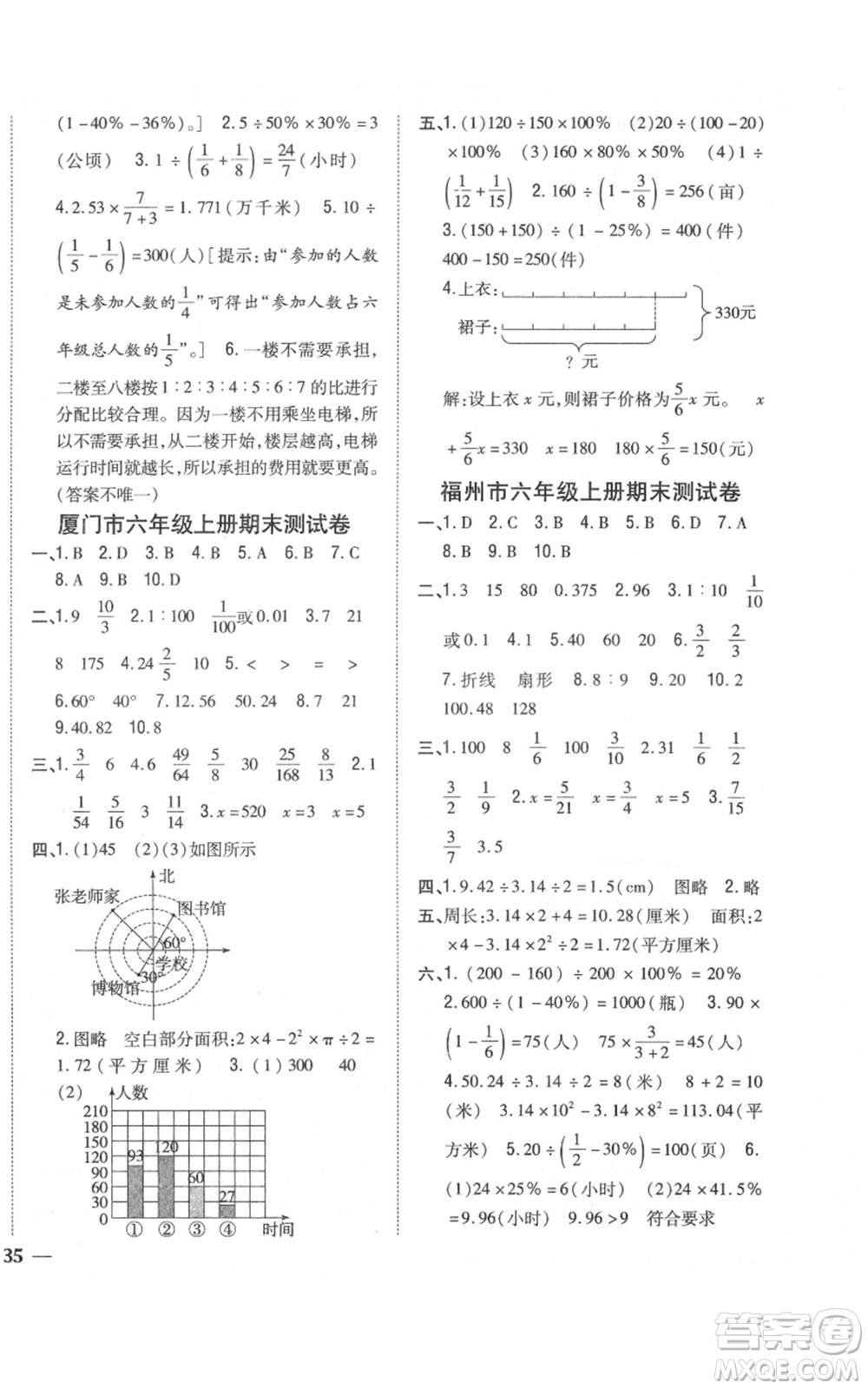 吉林人民出版社2021全科王同步課時(shí)練習(xí)校本作業(yè)六年級(jí)上冊(cè)數(shù)學(xué)人教版福建專版參考答案