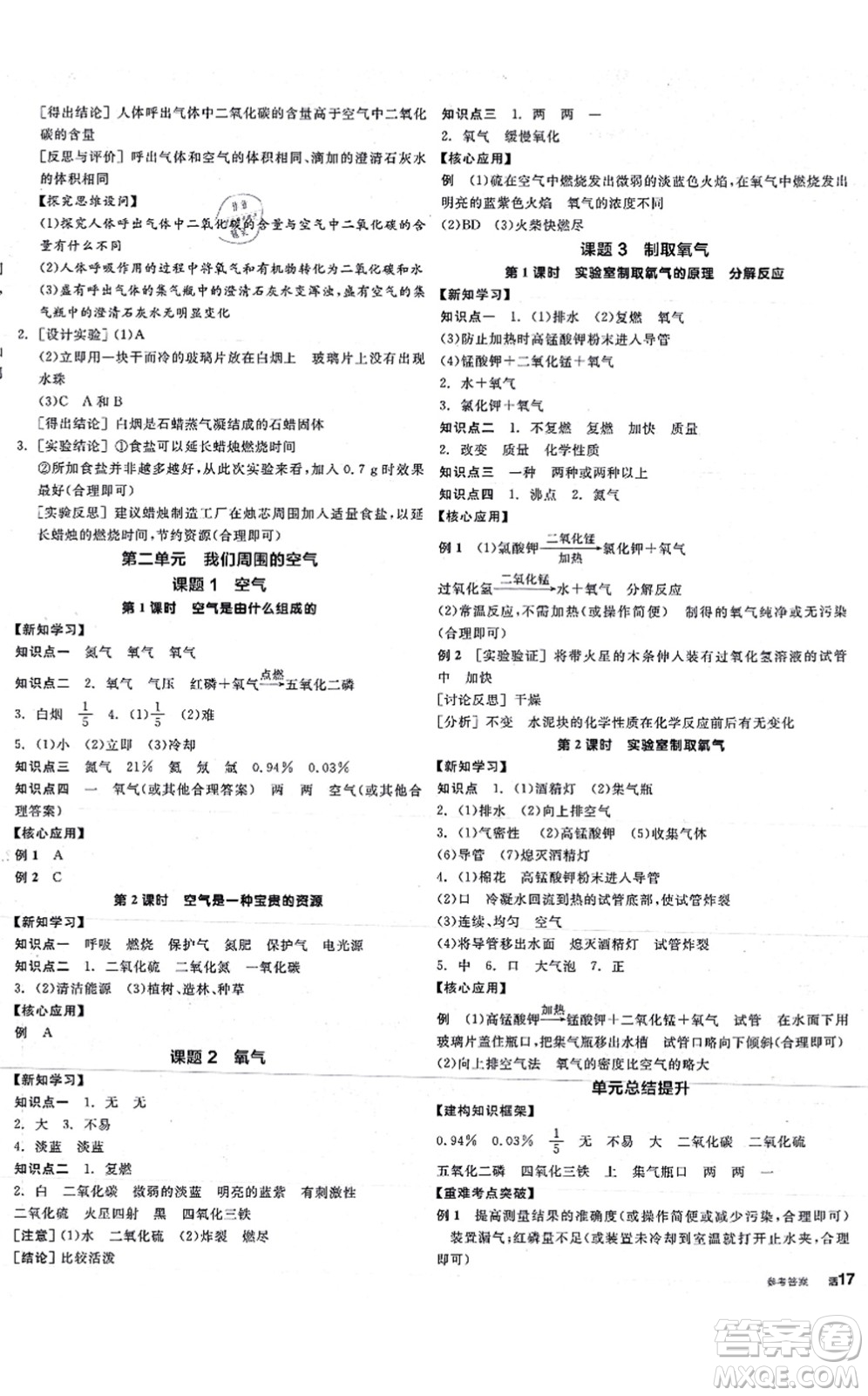 陽光出版社2021全品學(xué)練考聽課手冊九年級化學(xué)RJ人教版答案