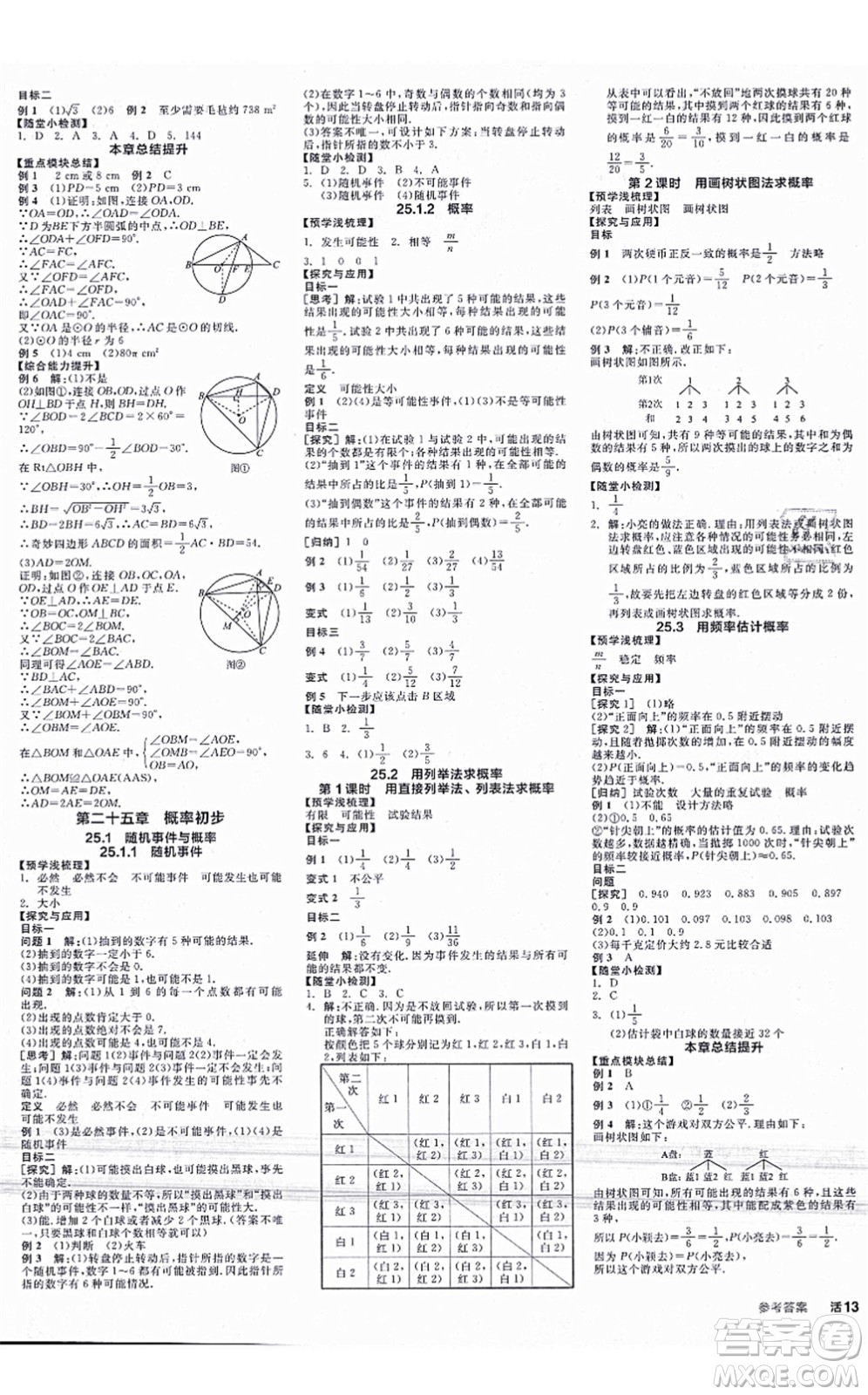 陽光出版社2021全品學練考學習手冊九年級數(shù)學上冊RJ人教版答案