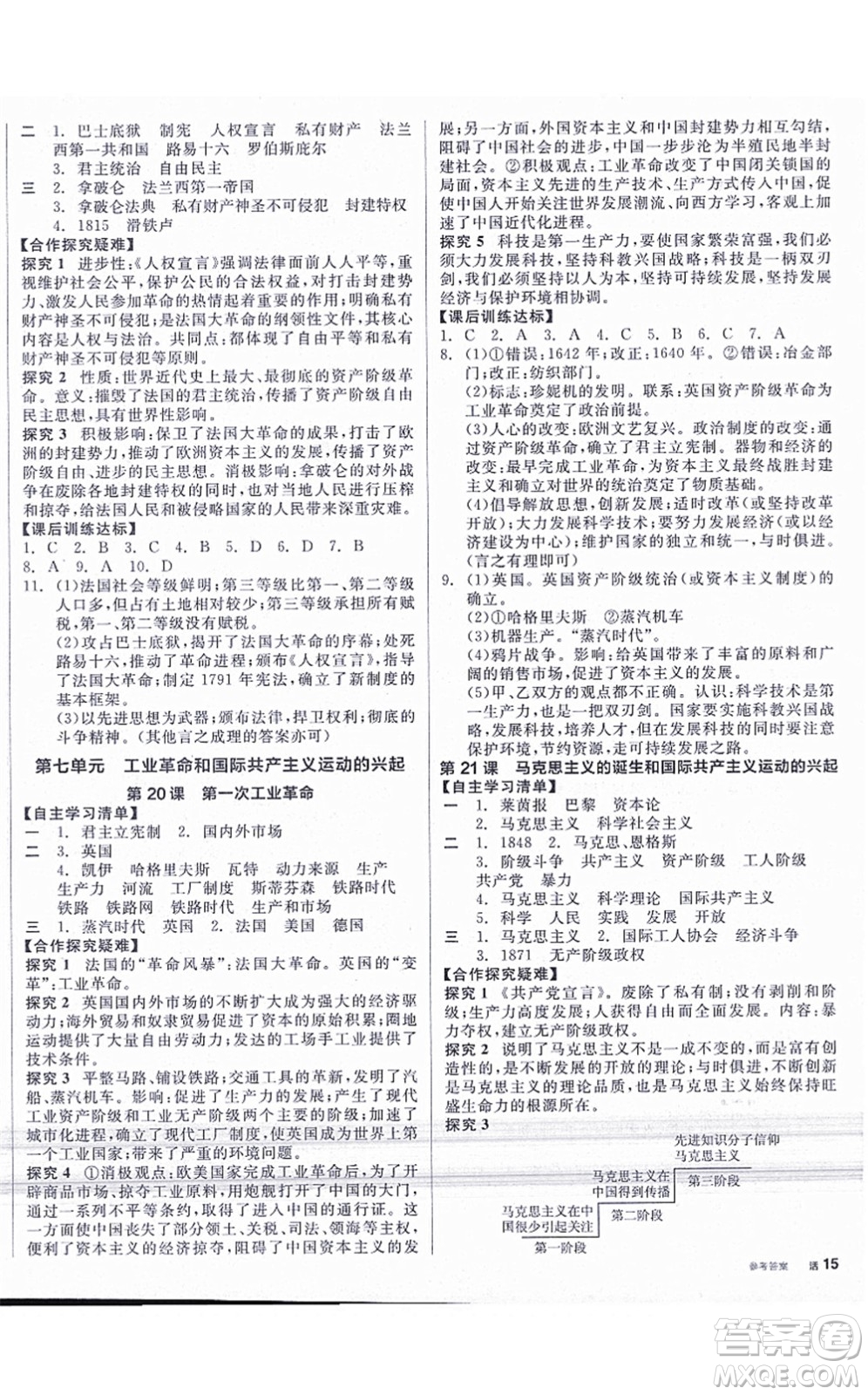 陽光出版社2021全品學(xué)練考九年級歷史上冊人教版答案