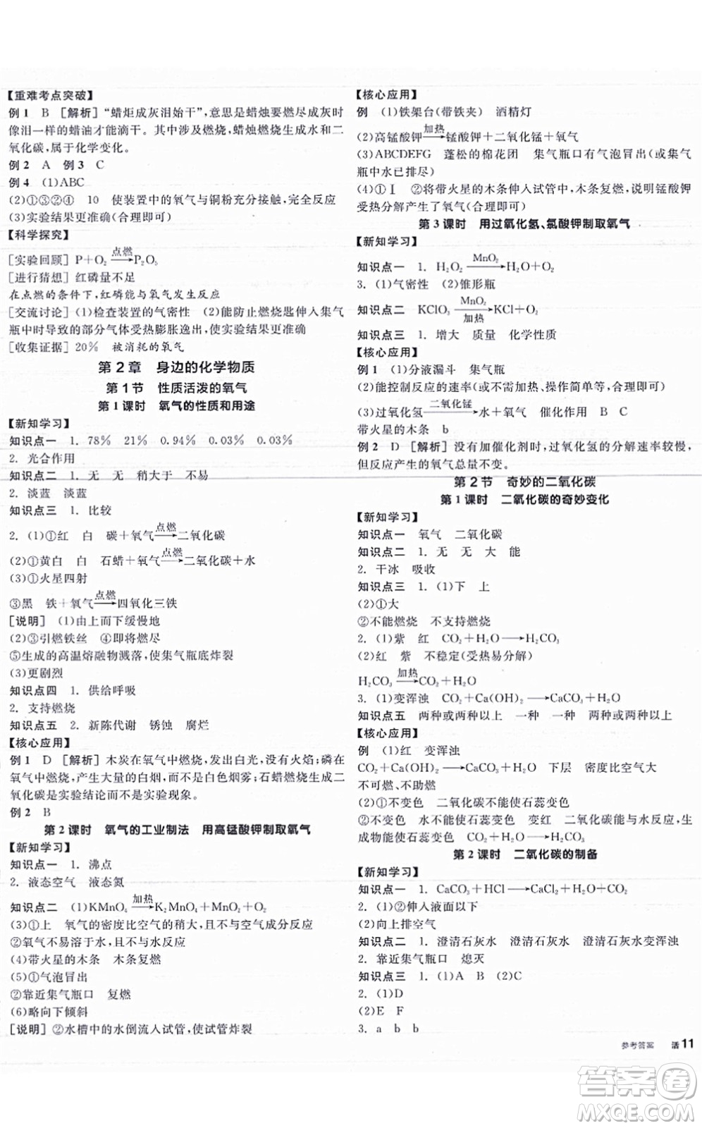 陽光出版社2021全品學練考聽課手冊九年級化學HJ滬教版答案