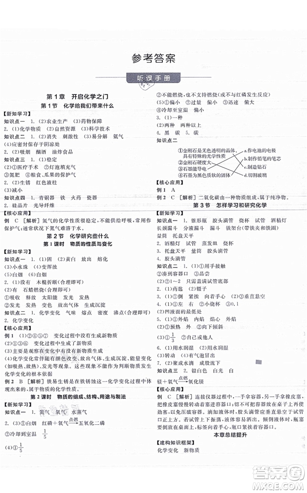 陽光出版社2021全品學練考聽課手冊九年級化學HJ滬教版答案