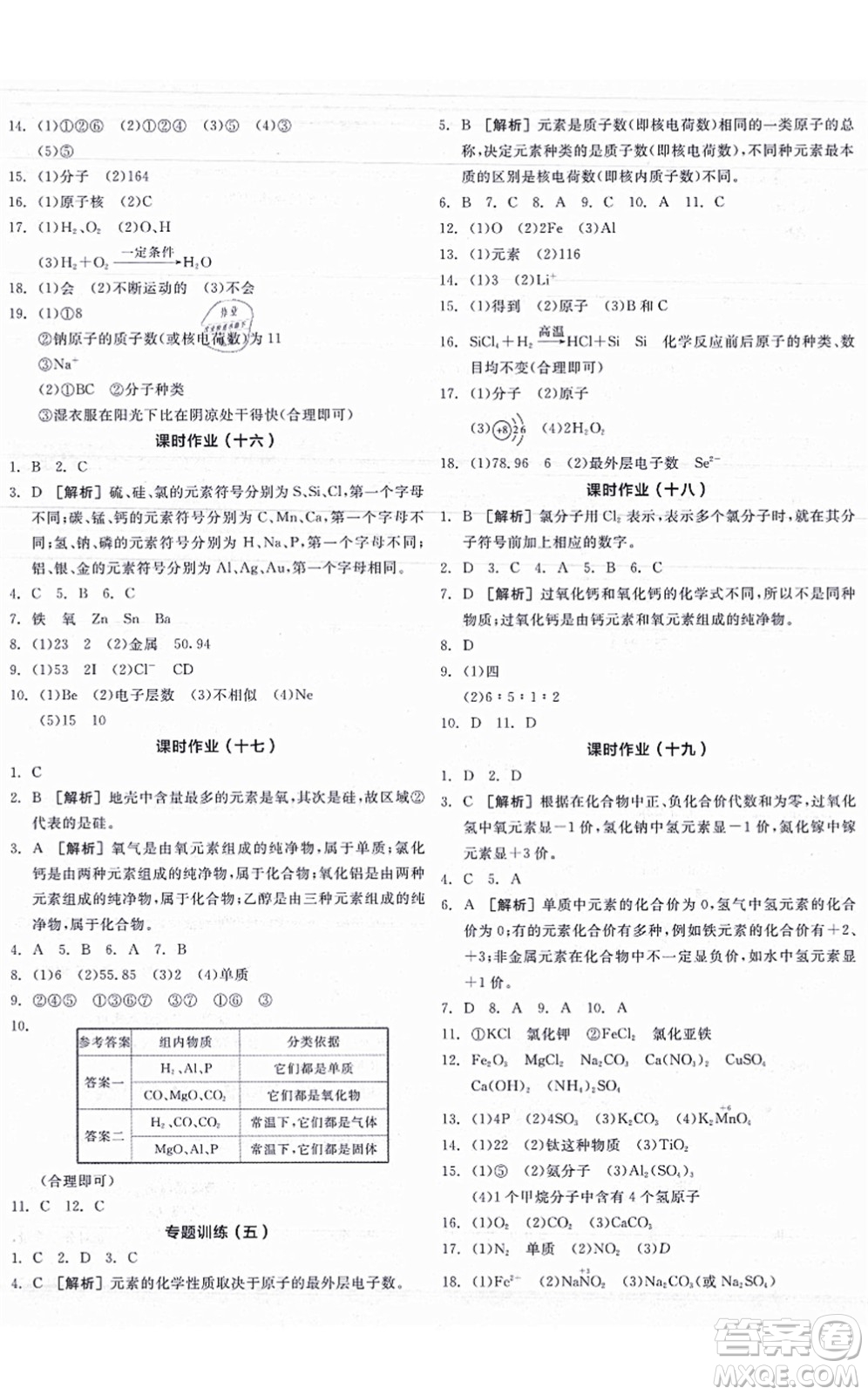 陽光出版社2021全品學練考聽課手冊九年級化學HJ滬教版答案