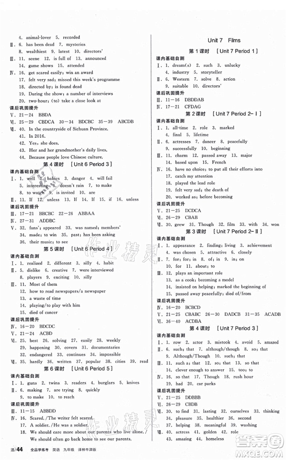 沈陽出版社2021全品學(xué)練考作業(yè)手冊九年級英語YLNJ譯林牛津版答案