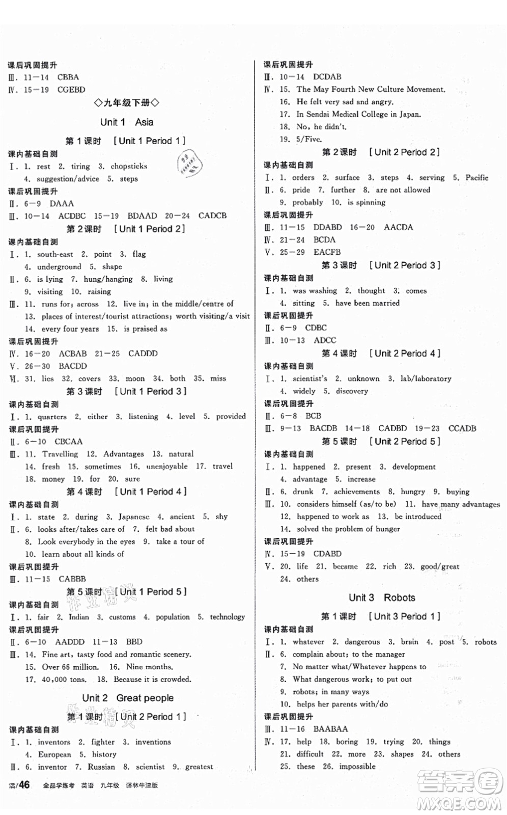 沈陽出版社2021全品學(xué)練考作業(yè)手冊九年級英語YLNJ譯林牛津版答案