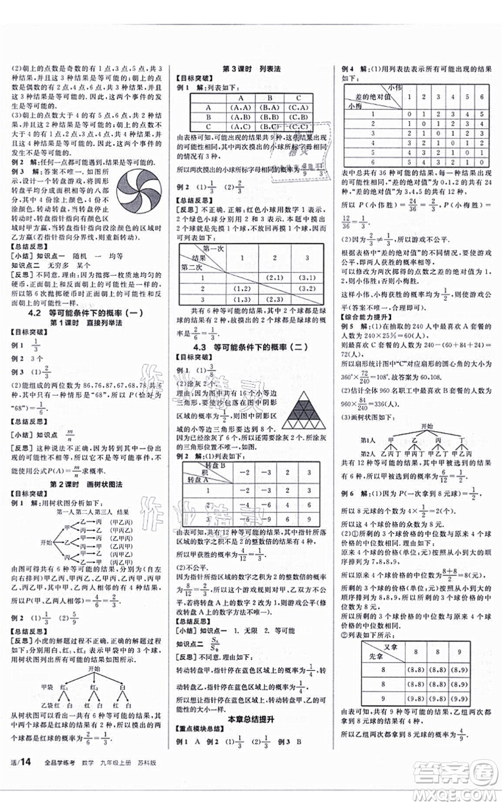 陽光出版社2021全品學練考聽課手冊九年級數學上冊SK蘇科版答案