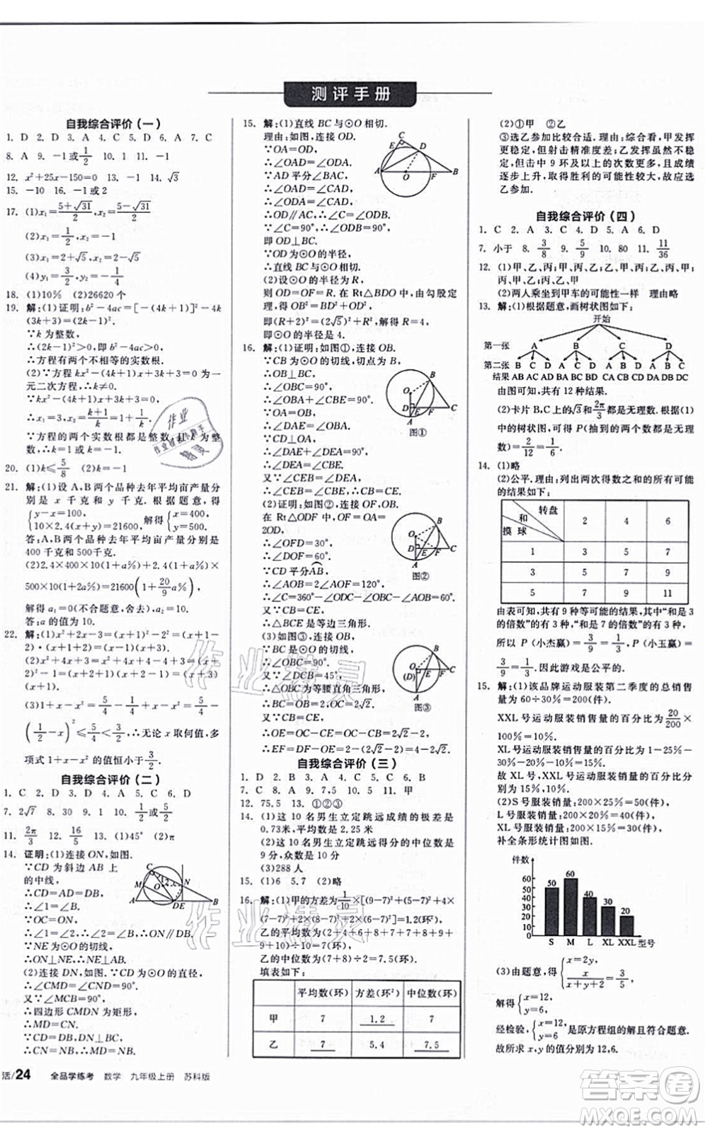 陽光出版社2021全品學練考聽課手冊九年級數學上冊SK蘇科版答案