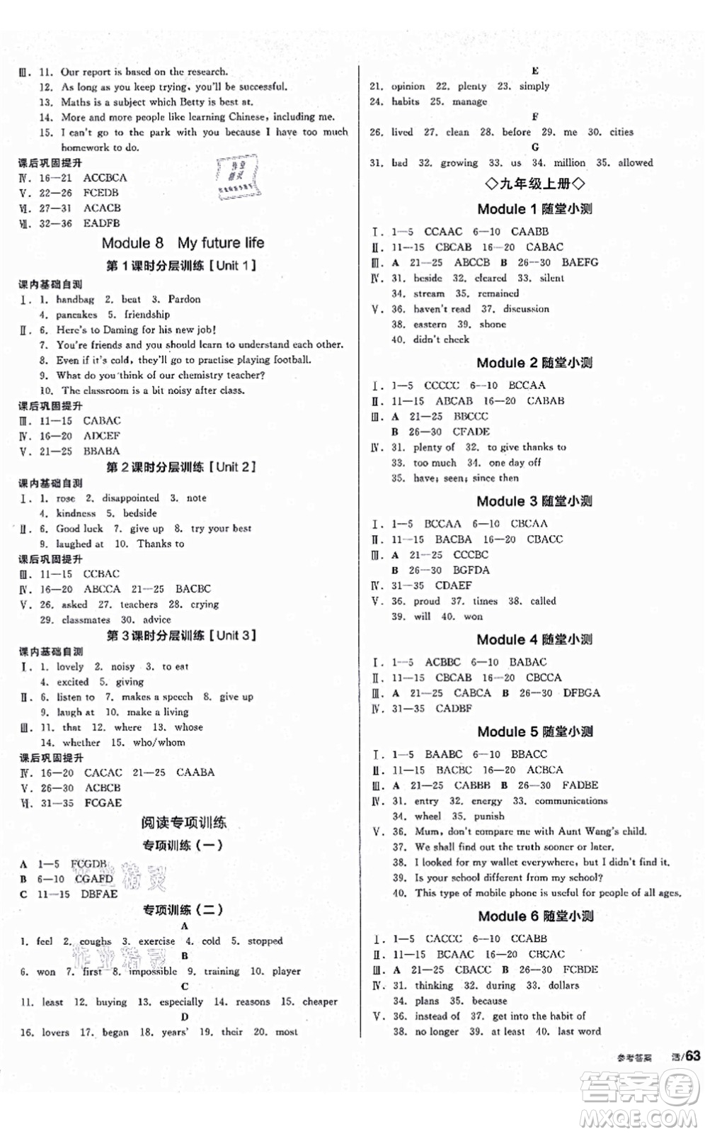 沈陽(yáng)出版社2021全品學(xué)練考作業(yè)手冊(cè)九年級(jí)英語(yǔ)WY外研版廣西專版答案