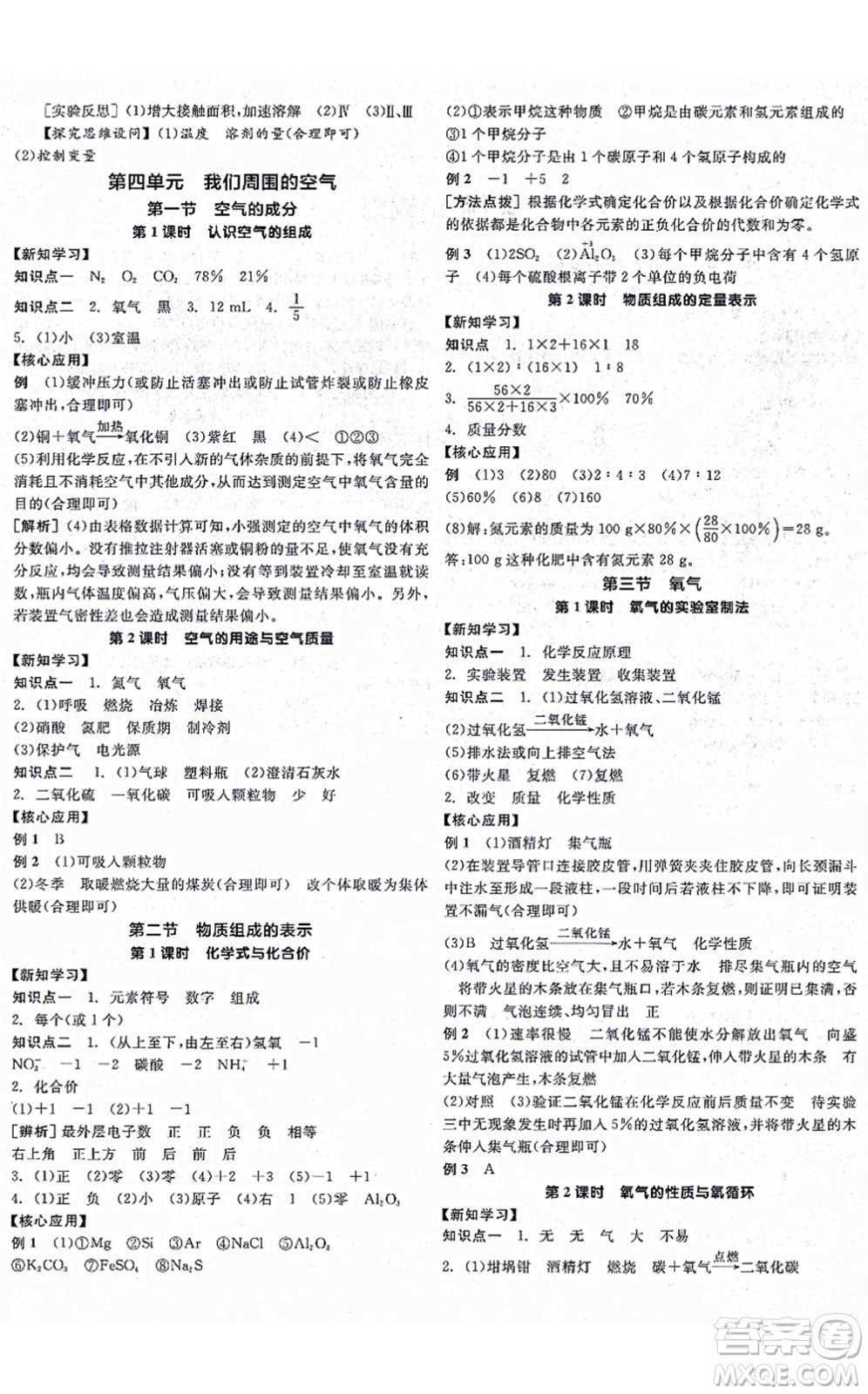 陽光出版社2021全品學練考聽課手冊九年級化學上冊LJ魯教版答案