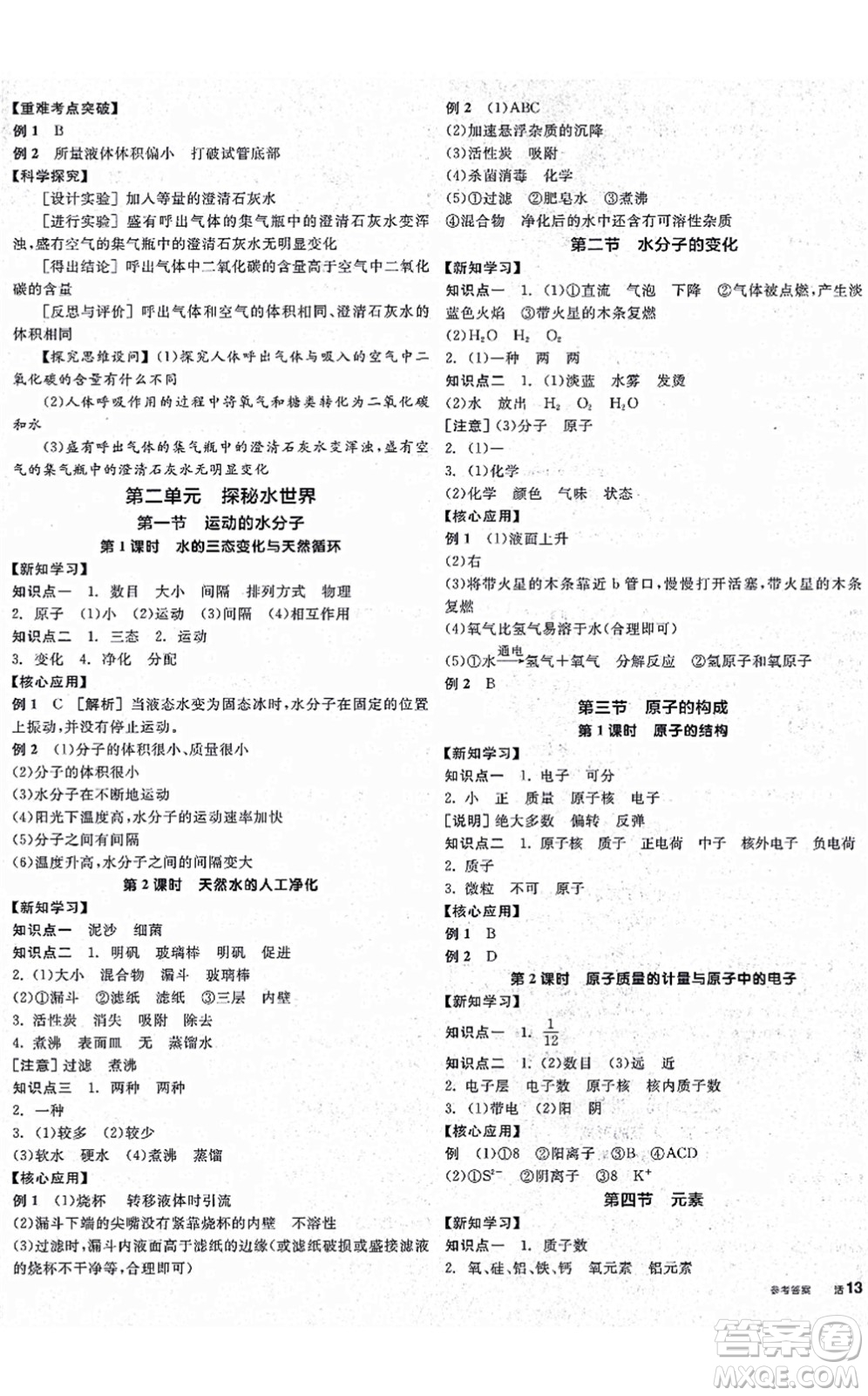 陽光出版社2021全品學練考聽課手冊九年級化學上冊LJ魯教版答案