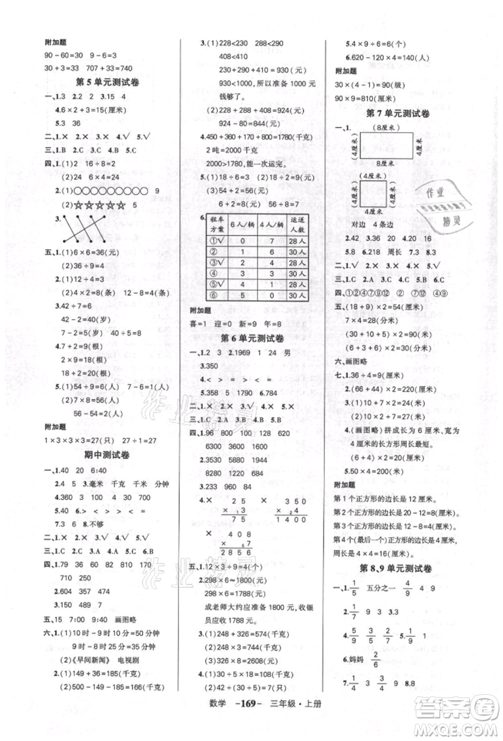 武漢出版社2021狀元成才路創(chuàng)優(yōu)作業(yè)100分三年級(jí)上冊(cè)數(shù)學(xué)人教版湖北專(zhuān)版參考答案