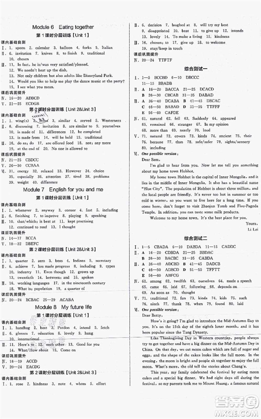 沈陽出版社2021全品學練考作業(yè)手冊九年級英語WY外研版內(nèi)蒙古專版答案