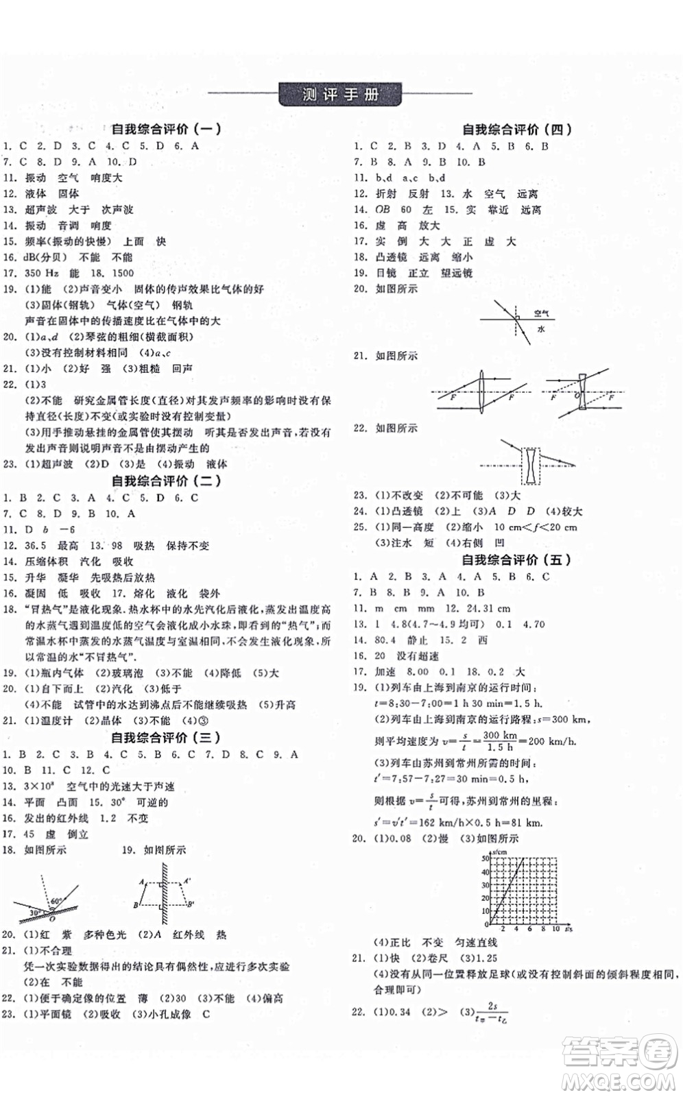 陽光出版社2021全品學(xué)練考聽課手冊八年級物理上冊SK蘇科版徐州專版答案