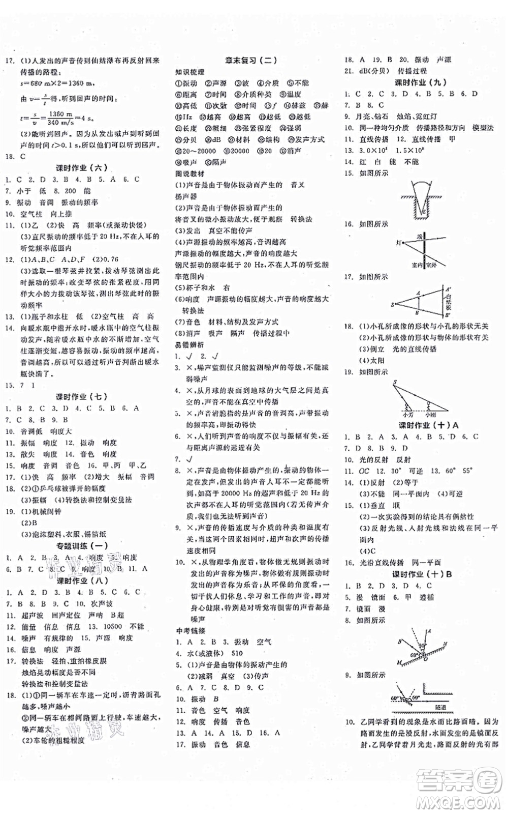 陽(yáng)光出版社2021全品學(xué)練考作業(yè)手冊(cè)八年級(jí)物理上冊(cè)HY滬粵版答案