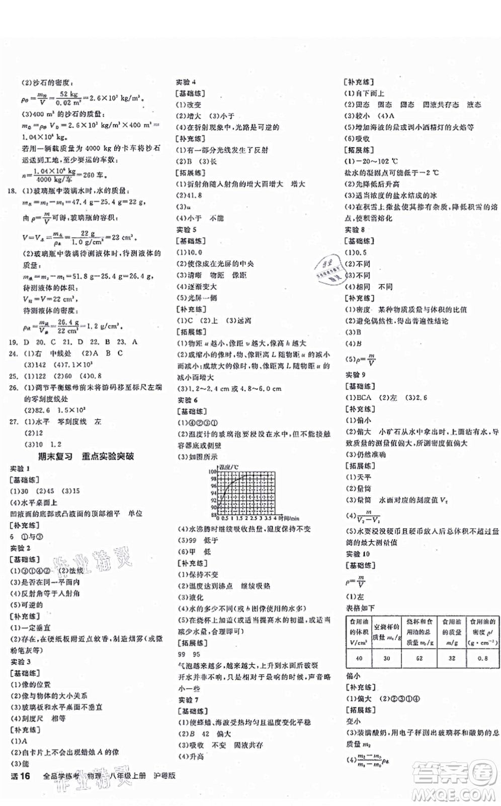 陽(yáng)光出版社2021全品學(xué)練考作業(yè)手冊(cè)八年級(jí)物理上冊(cè)HY滬粵版答案