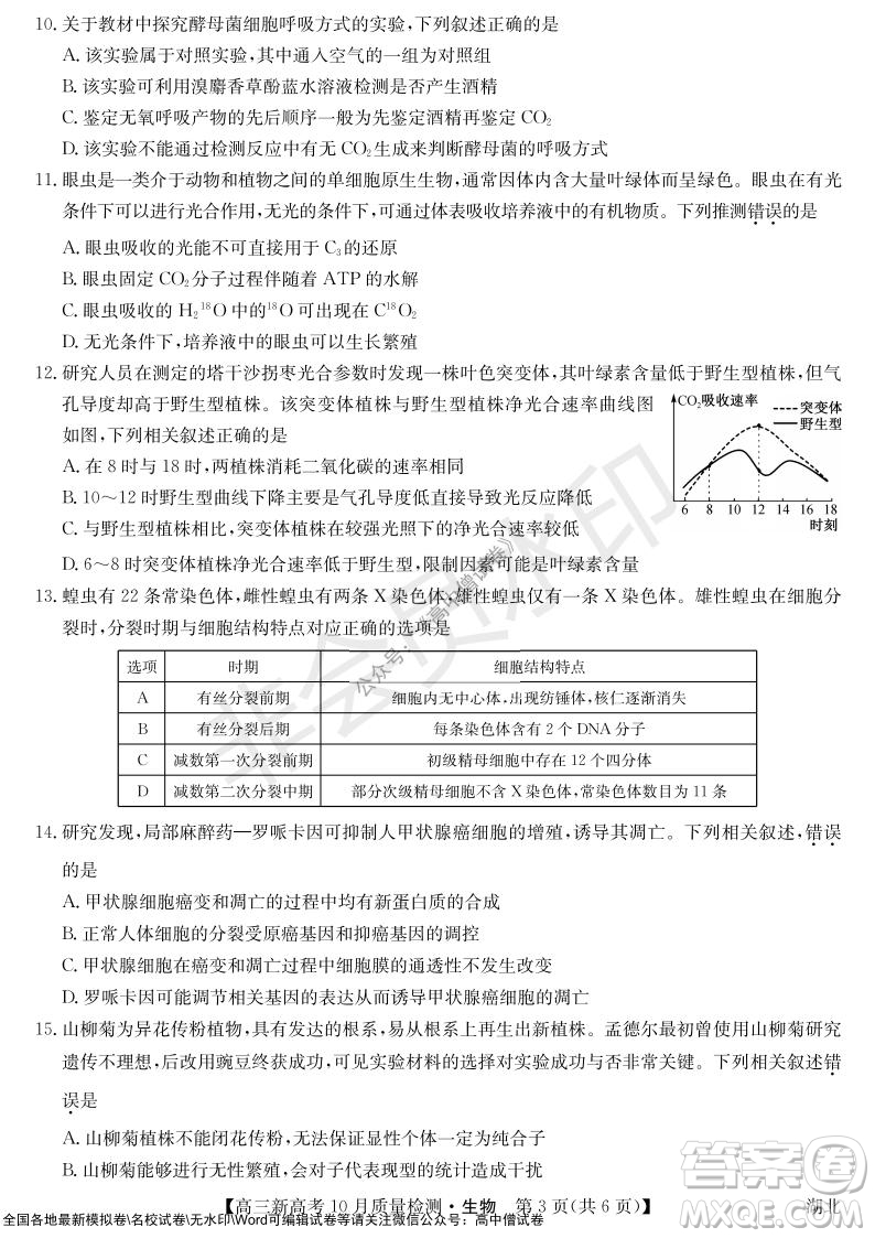 2022屆九師聯(lián)盟高三新高考10月質(zhì)量檢測生物試題及答案