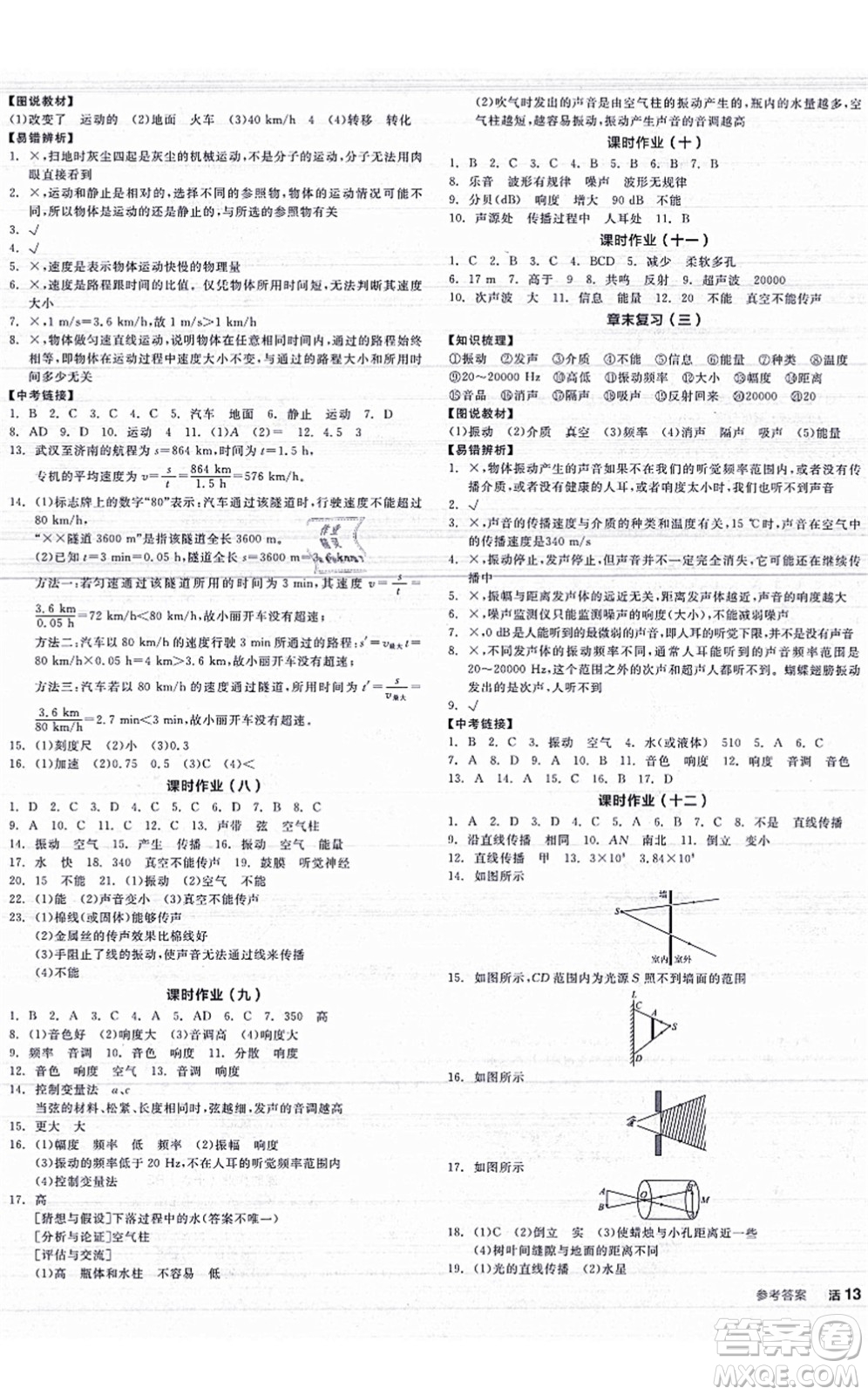 陽光出版社2021全品學(xué)練考聽課手冊八年級物理上冊JK教科版答案