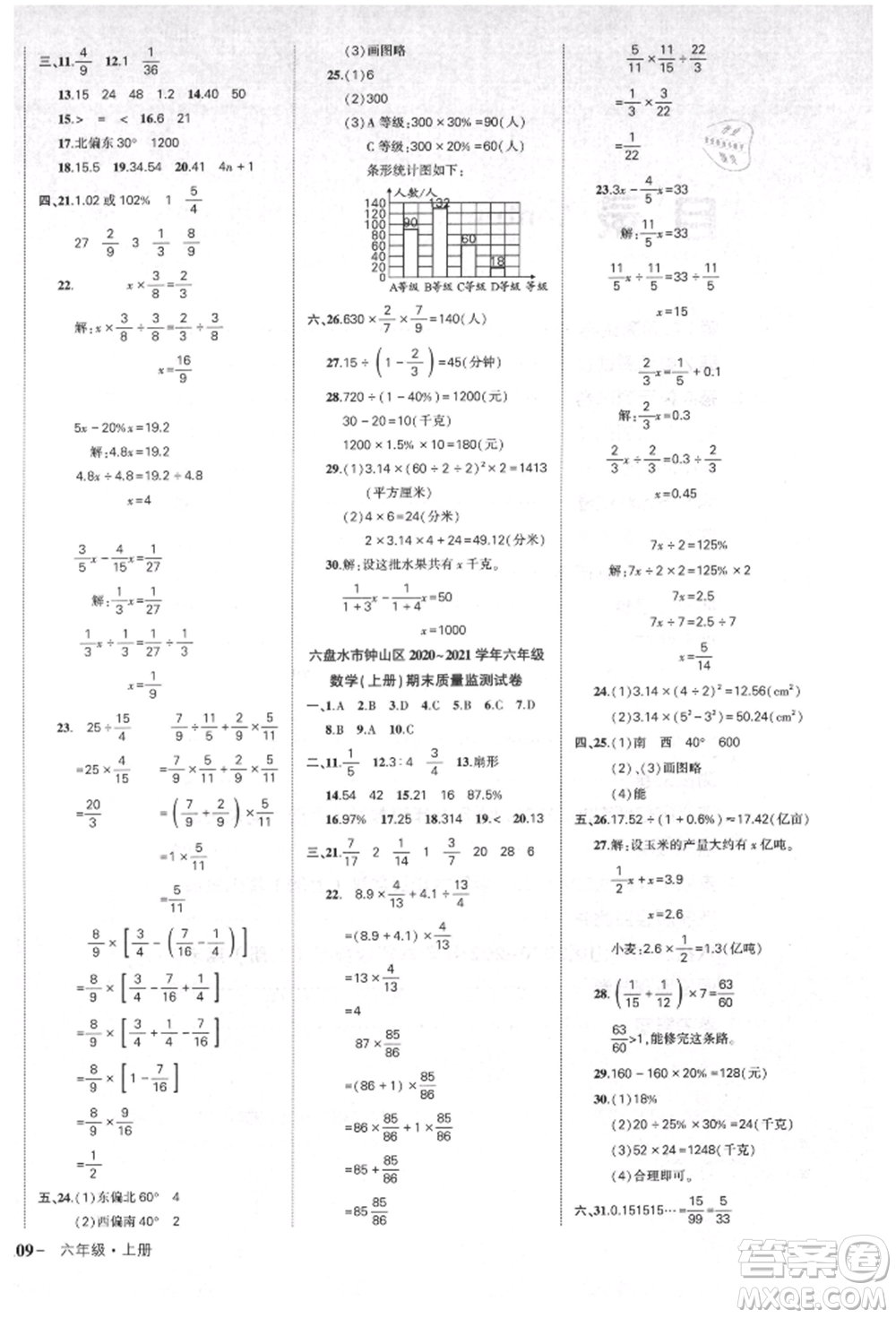 武漢出版社2021狀元成才路創(chuàng)優(yōu)作業(yè)100分六年級上冊數(shù)學(xué)人教版貴州專版參考答案