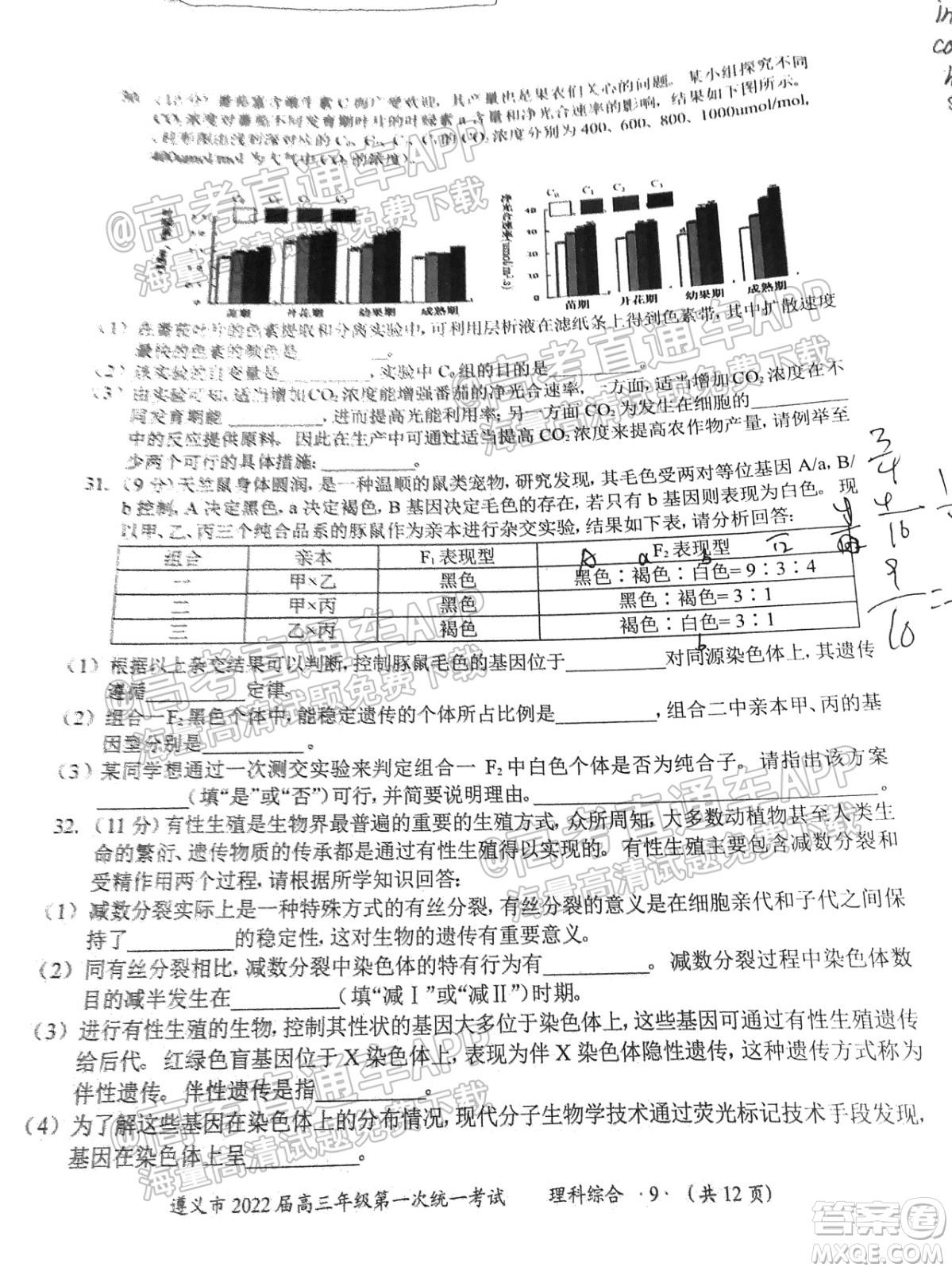 遵義市2022屆高三年級第一次統(tǒng)一考試?yán)砜凭C合試題及答案