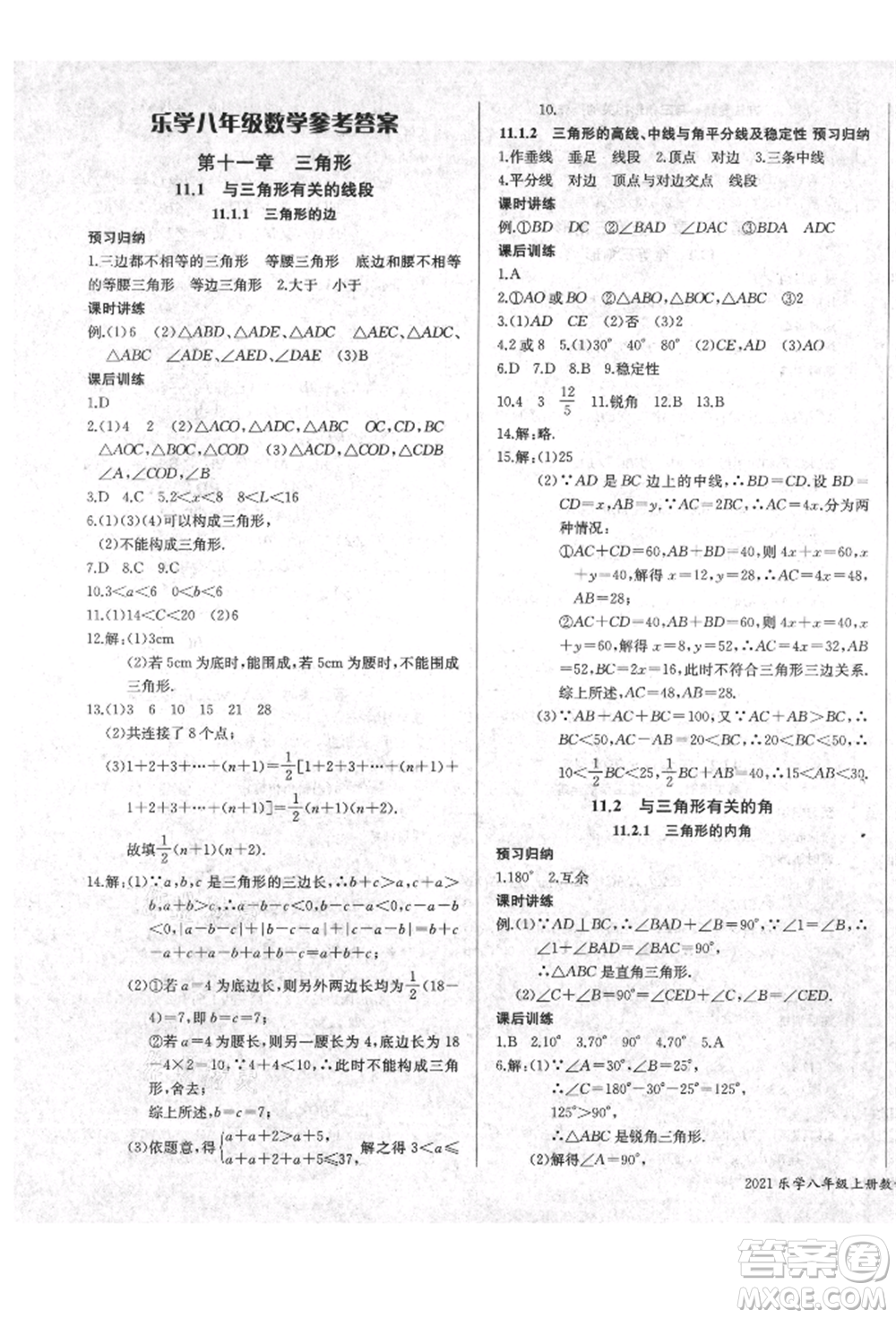 長江少年兒童出版社2021樂學課堂課時學講練八年級上冊數(shù)學人教版參考答案