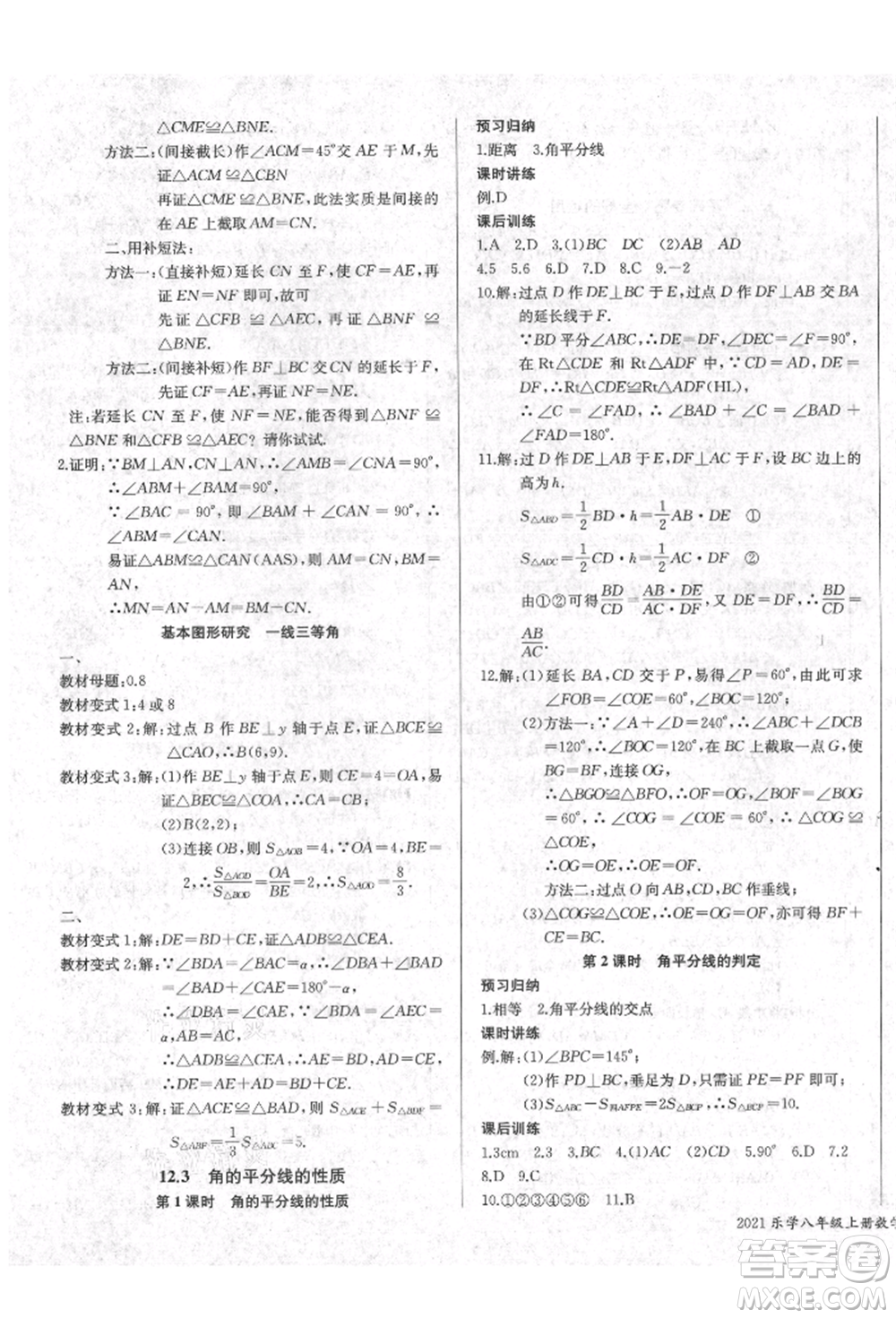 長江少年兒童出版社2021樂學課堂課時學講練八年級上冊數(shù)學人教版參考答案